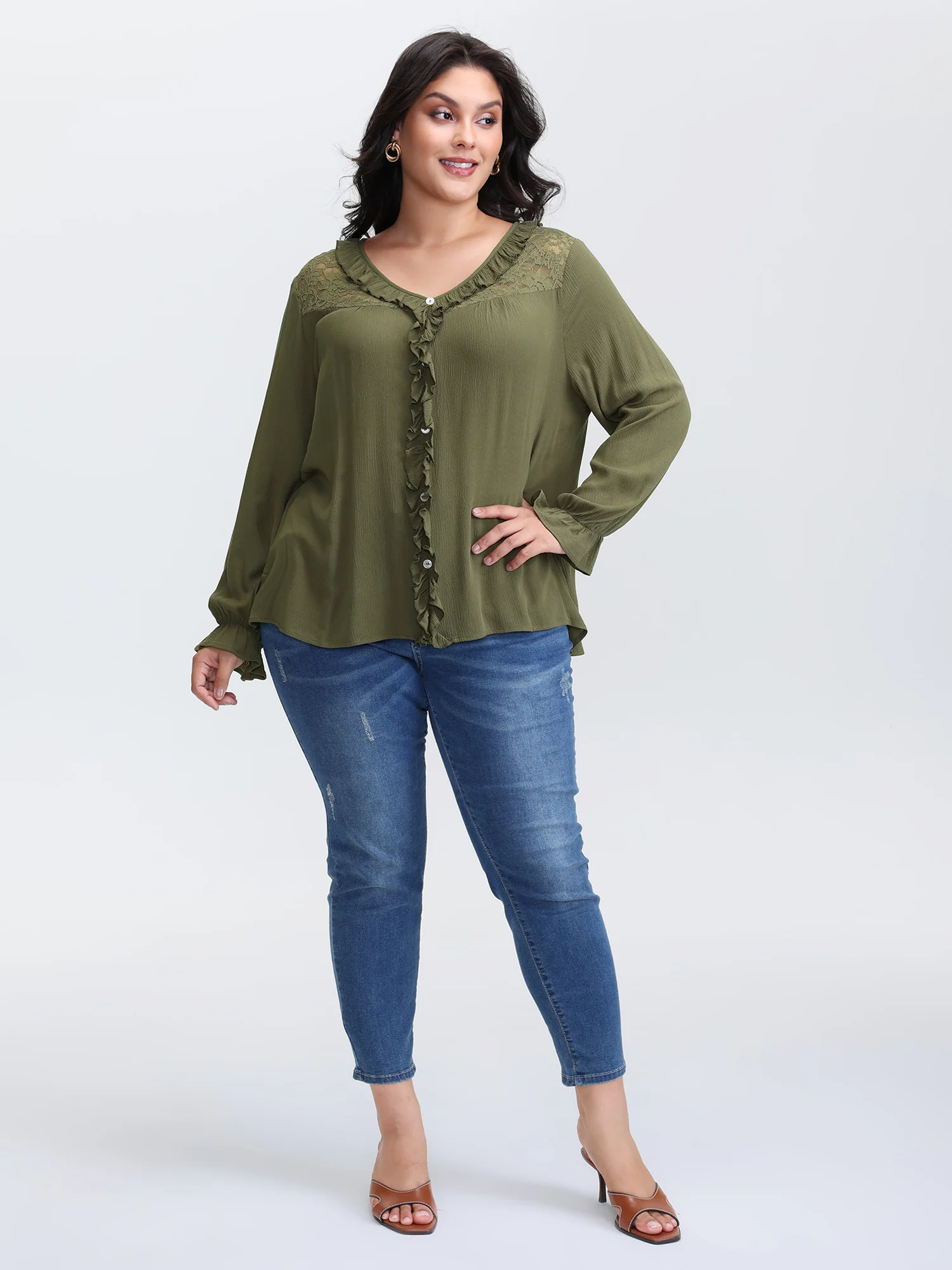 Lace Trim Ruffled Edge Button Blouse - Image 3