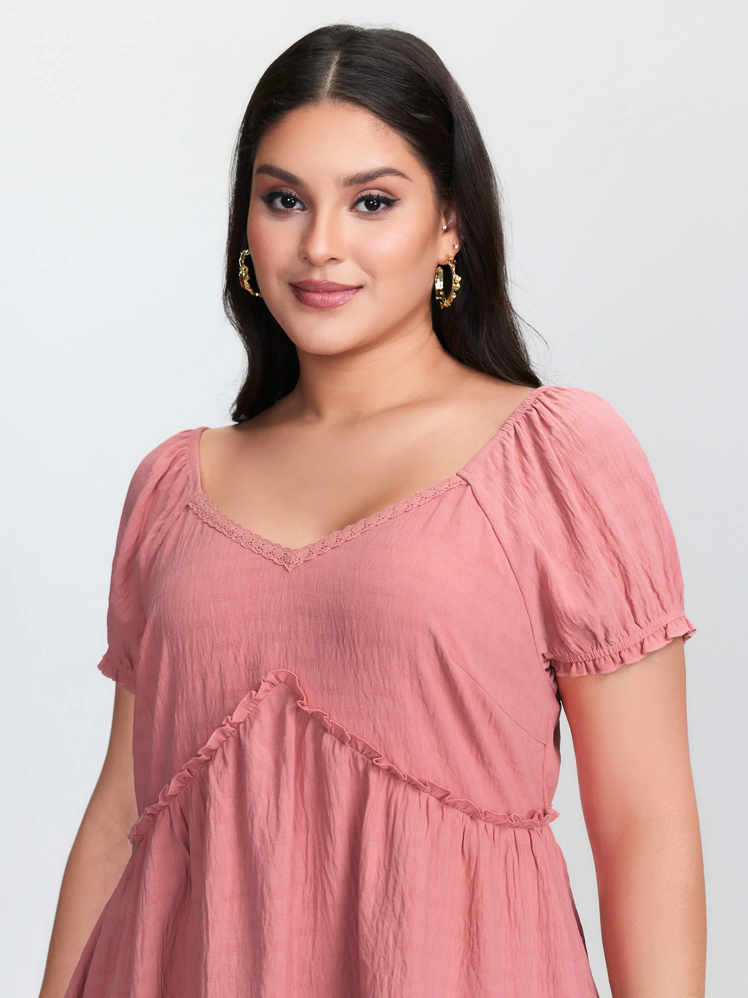 Lace Trim Ruffled Hem Plain Blouse - Image 2