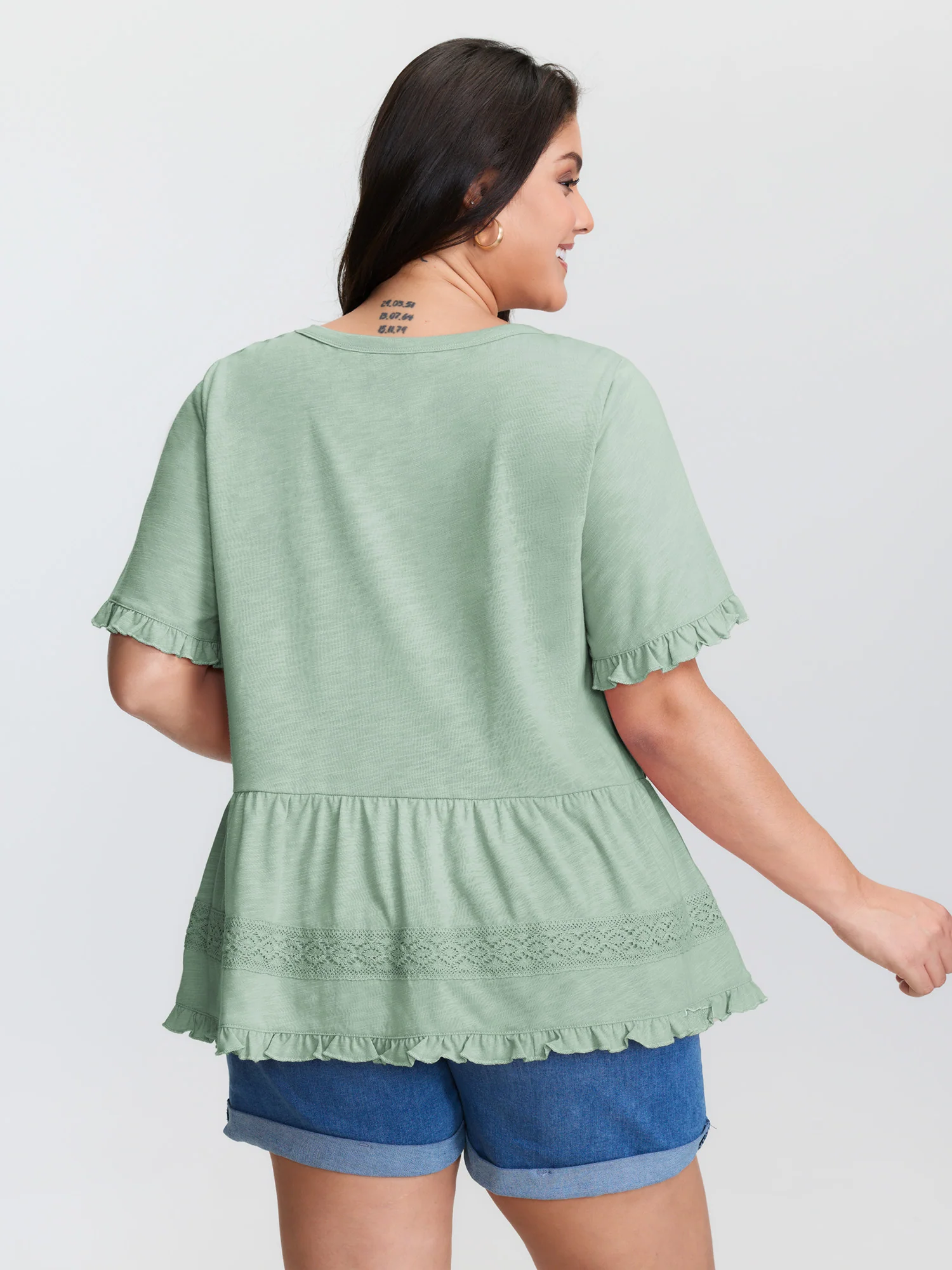 Lace Trim Ruffled Hem Plain Knit Top - Image 11