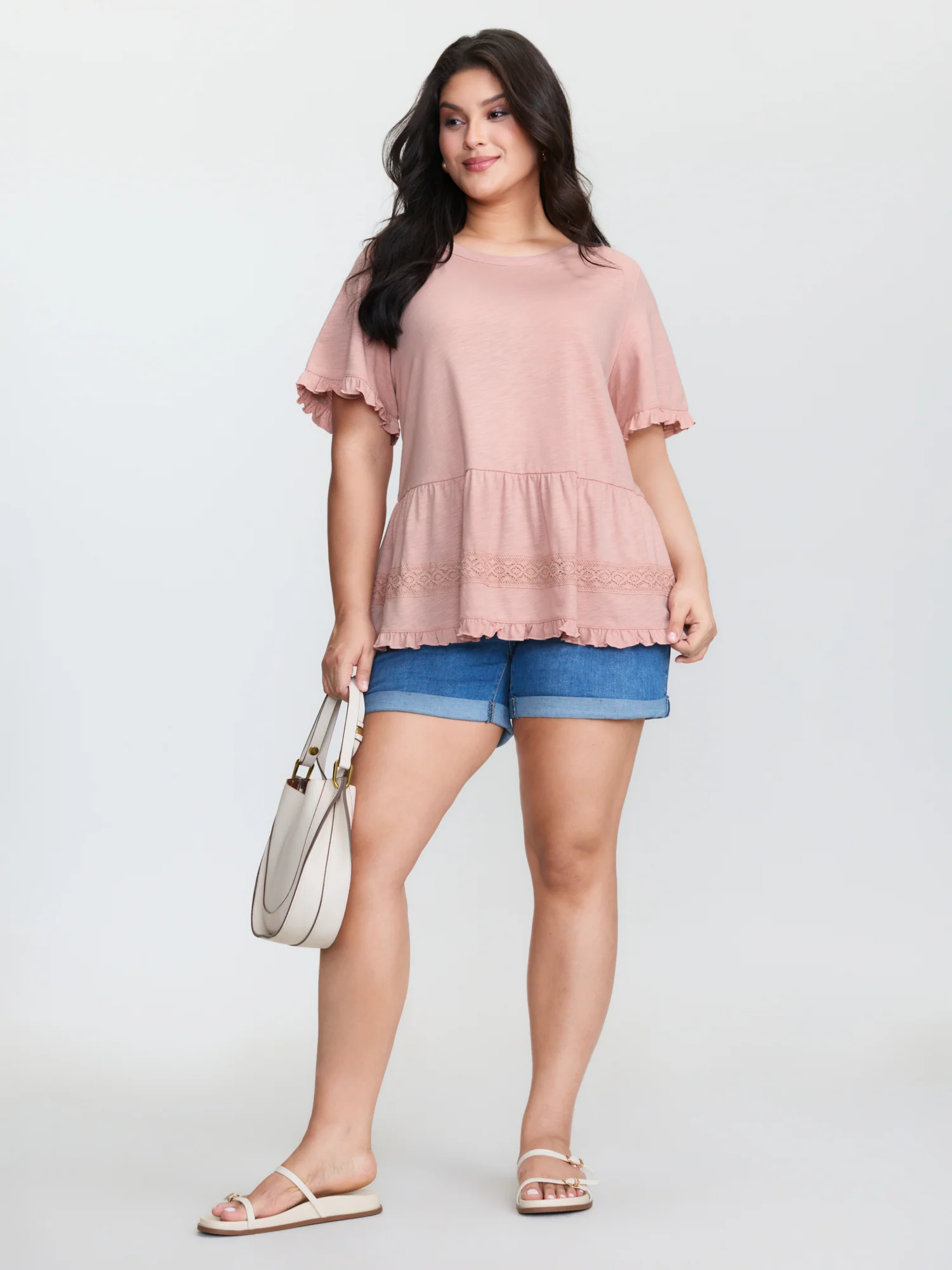 Lace Trim Ruffled Hem Plain Knit Top - Image 3