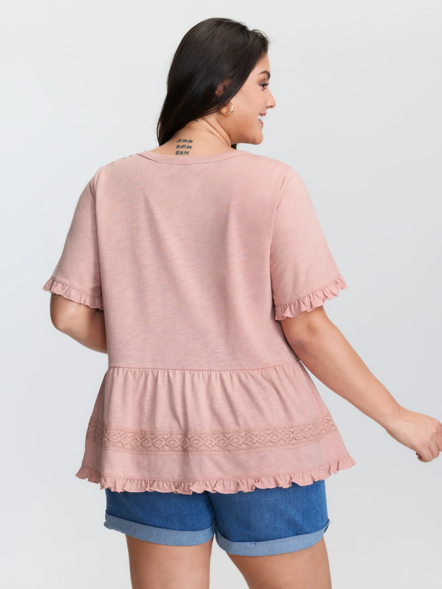 Lace Trim Ruffled Hem Plain Knit Top - Image 4