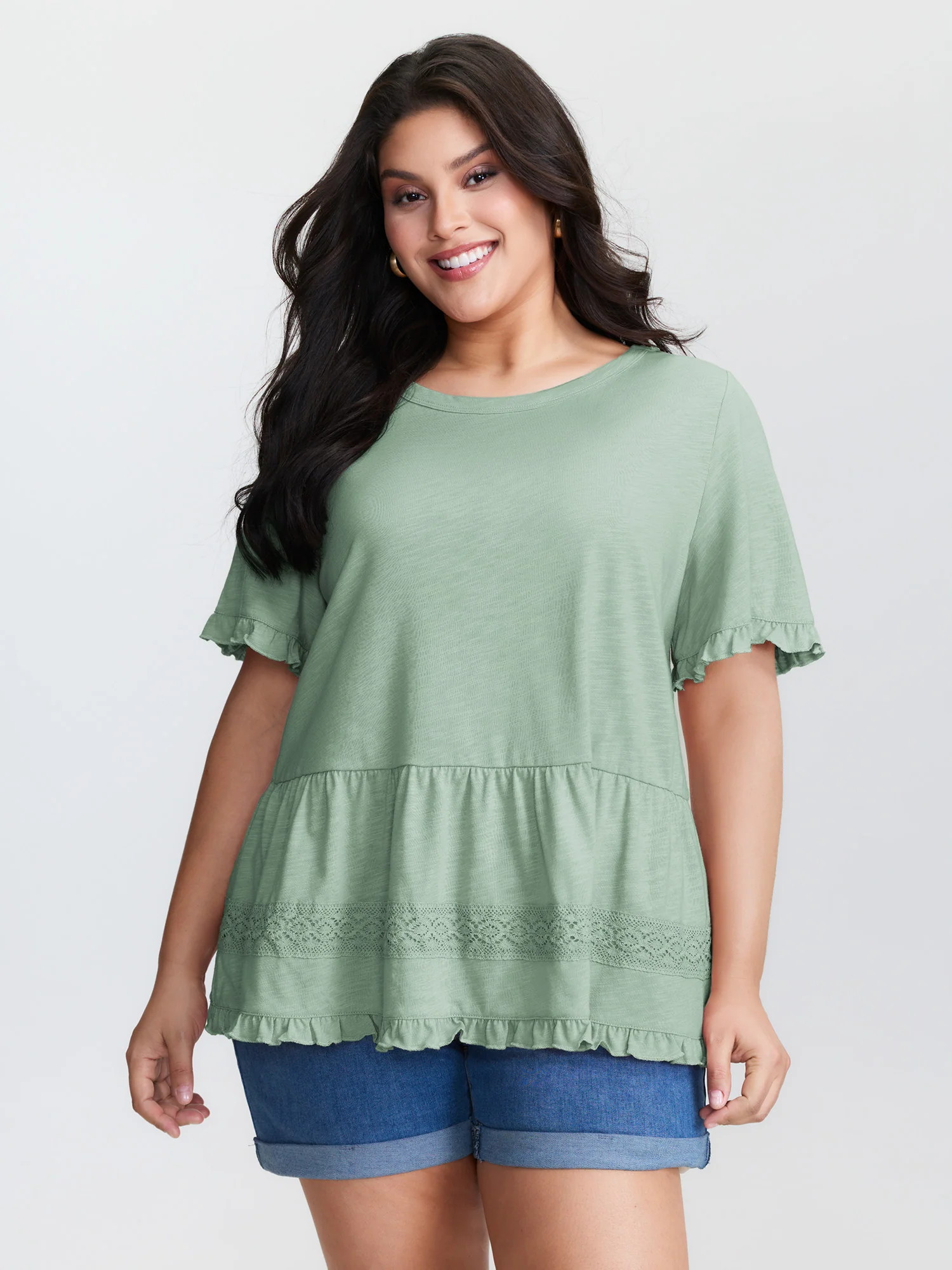 Lace Trim Ruffled Hem Plain Knit Top - Image 8