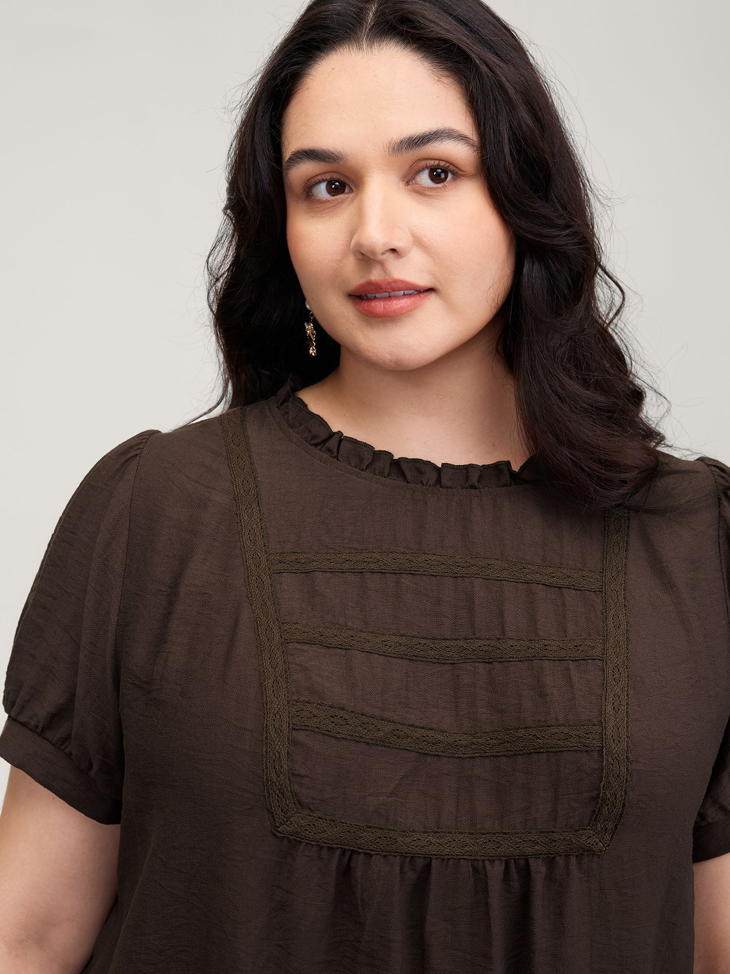Lace Trim Ruffled Neck Solid Blouse - Image 2