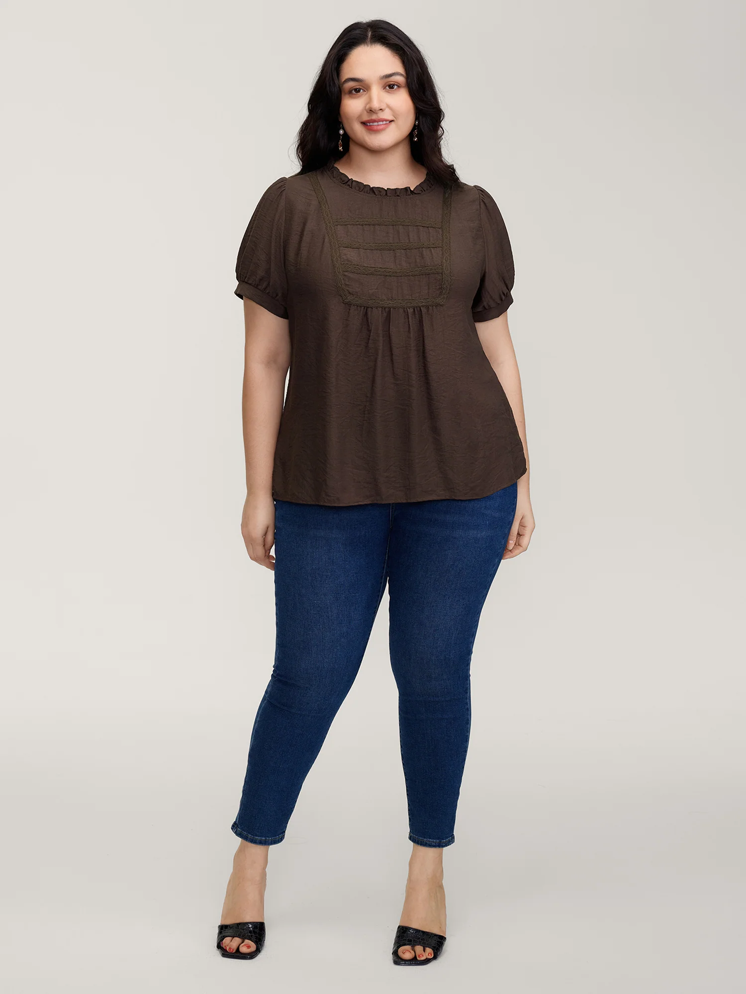 Lace Trim Ruffled Neck Solid Blouse - Image 3