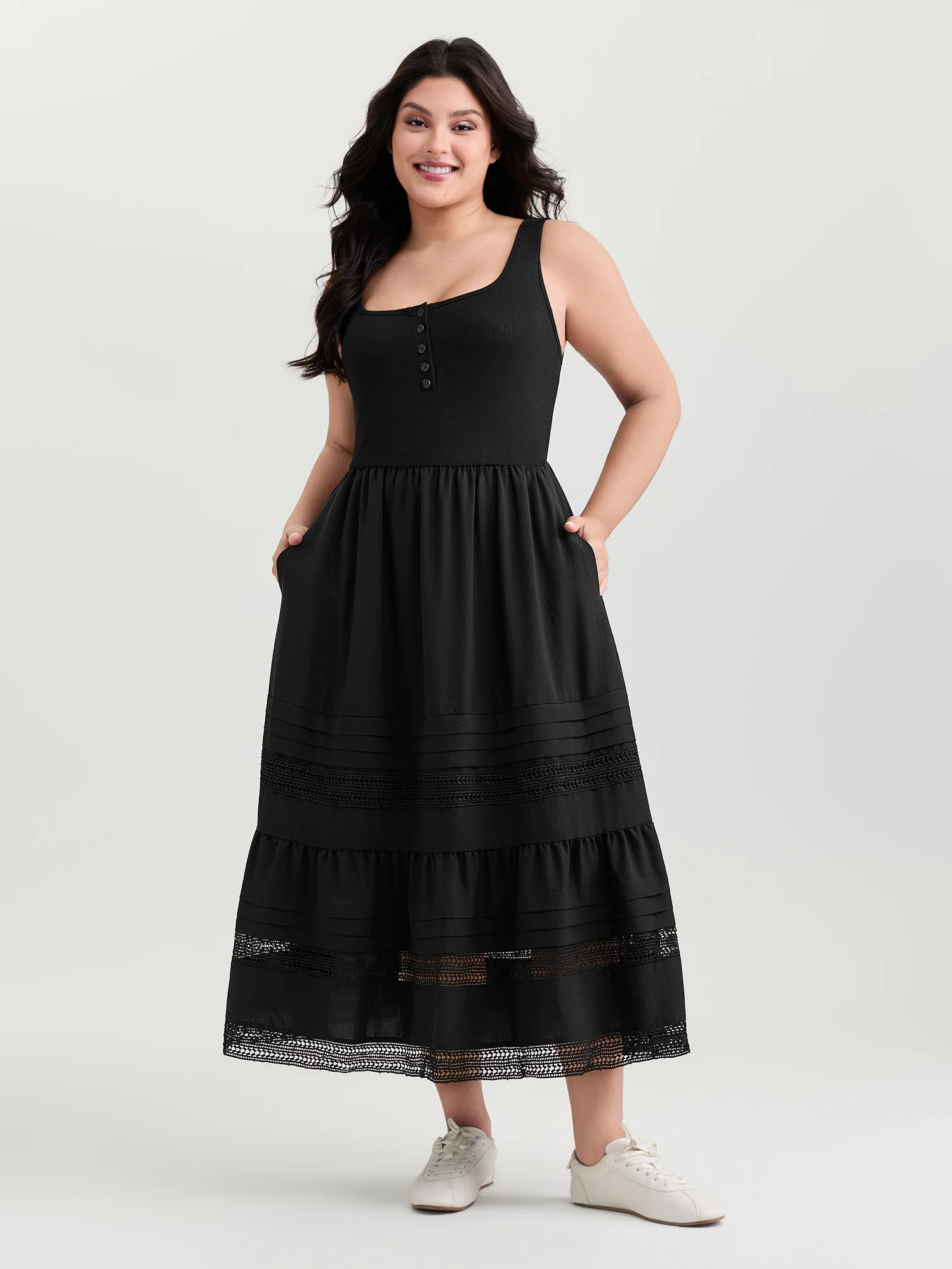 Lace Trim Sheer Button Placket Midi Dress - Image 3