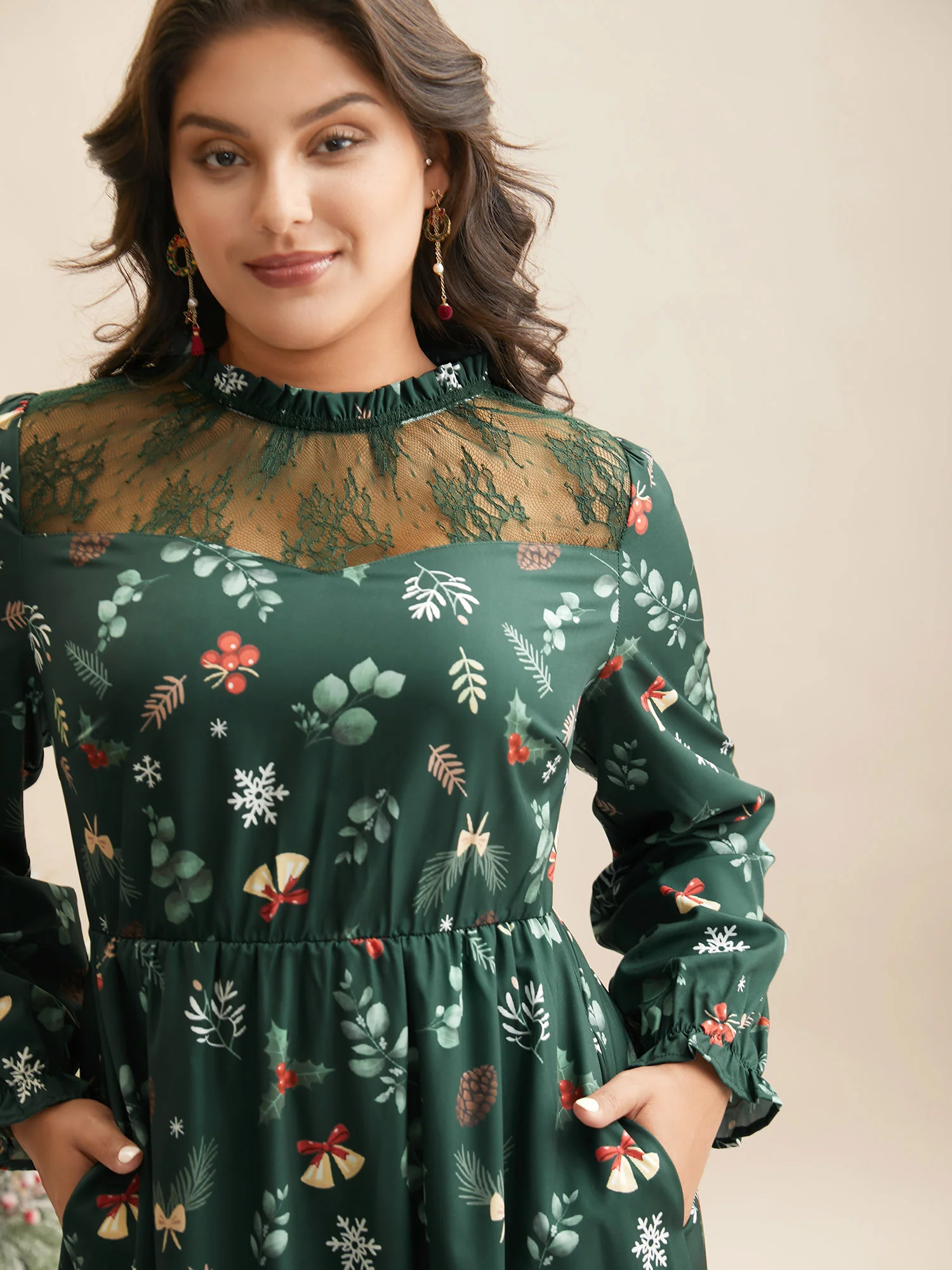 Lace Trim Sheer Neckline Midi Dress - Image 2