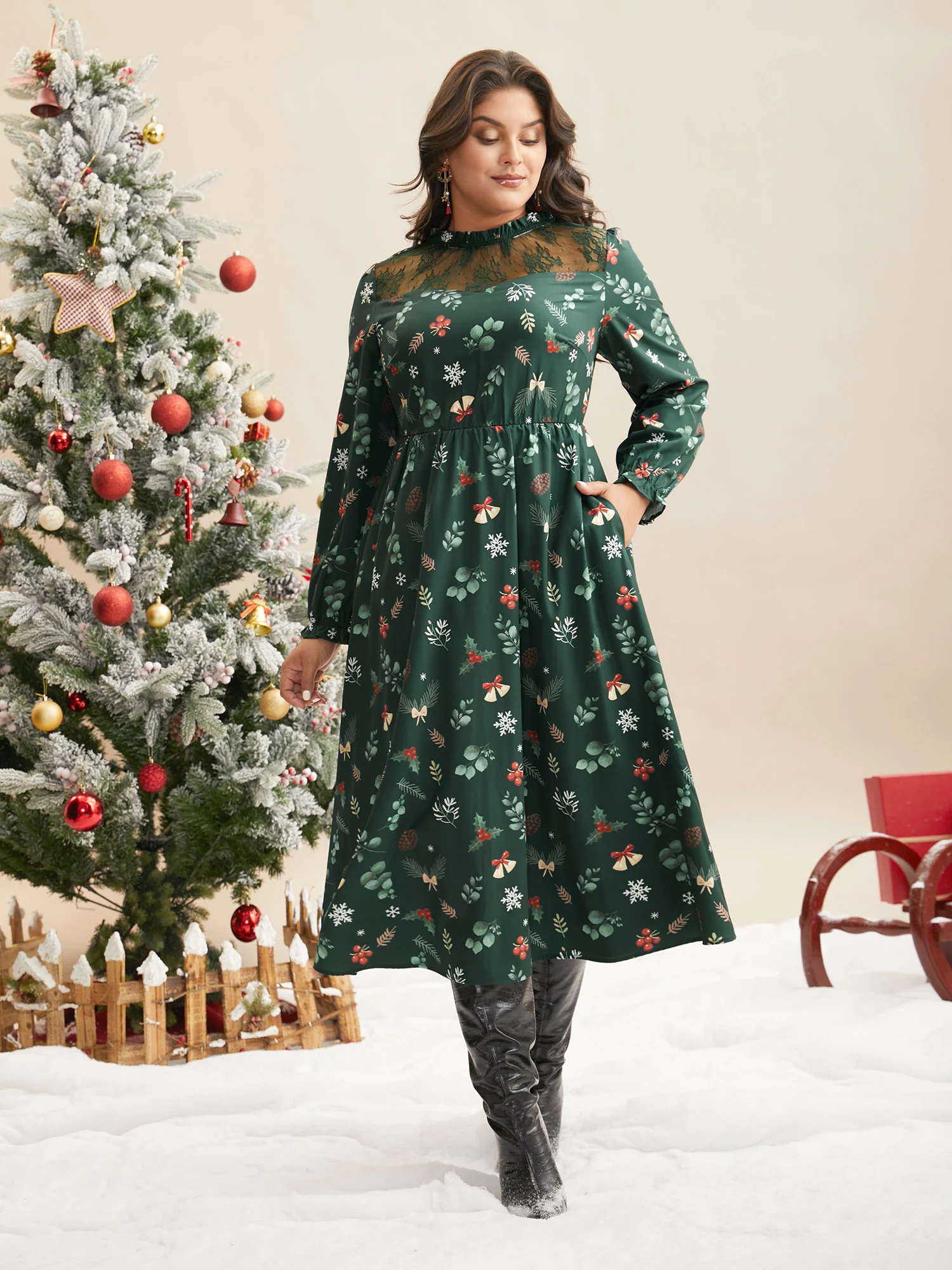 Lace Trim Sheer Neckline Midi Dress - Image 3
