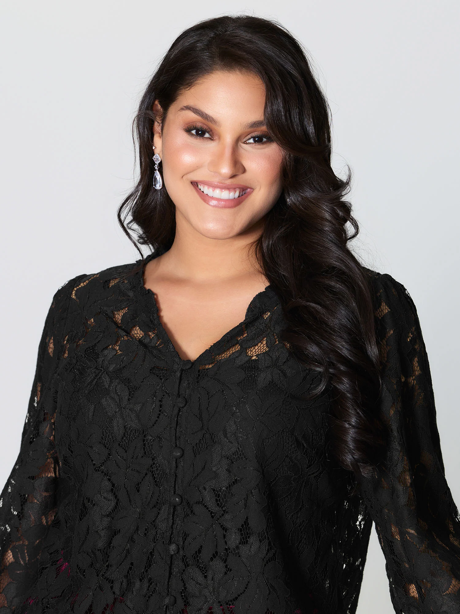 Lace Trim Sheer Ruffled Collar Button Shirt - Image 2