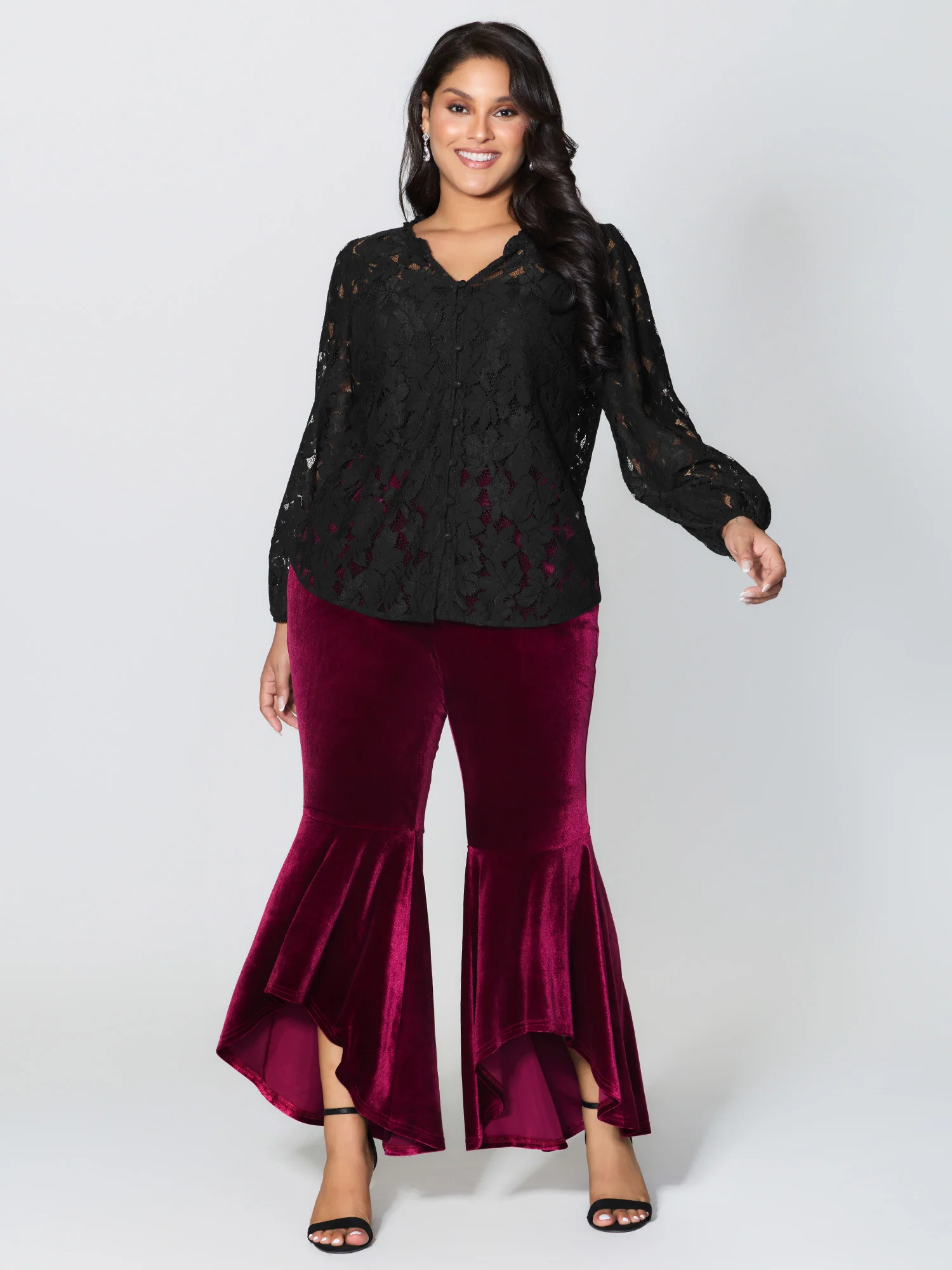 Lace Trim Sheer Ruffled Collar Button Shirt - Image 3