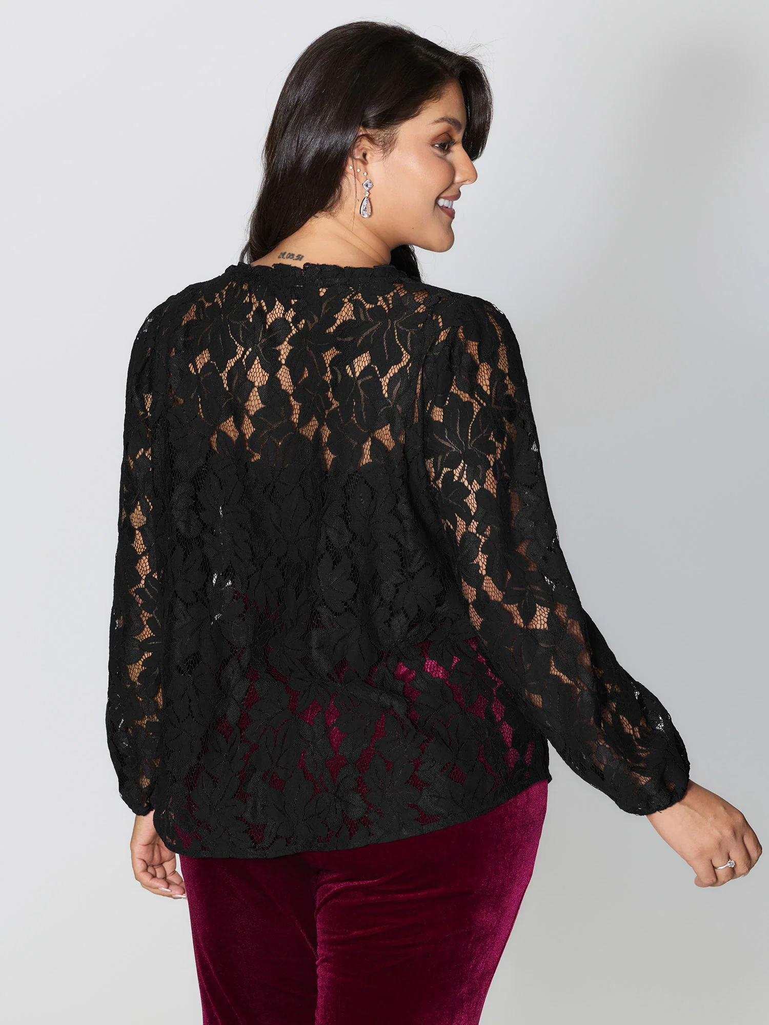 Lace Trim Sheer Ruffled Collar Button Shirt - Image 4