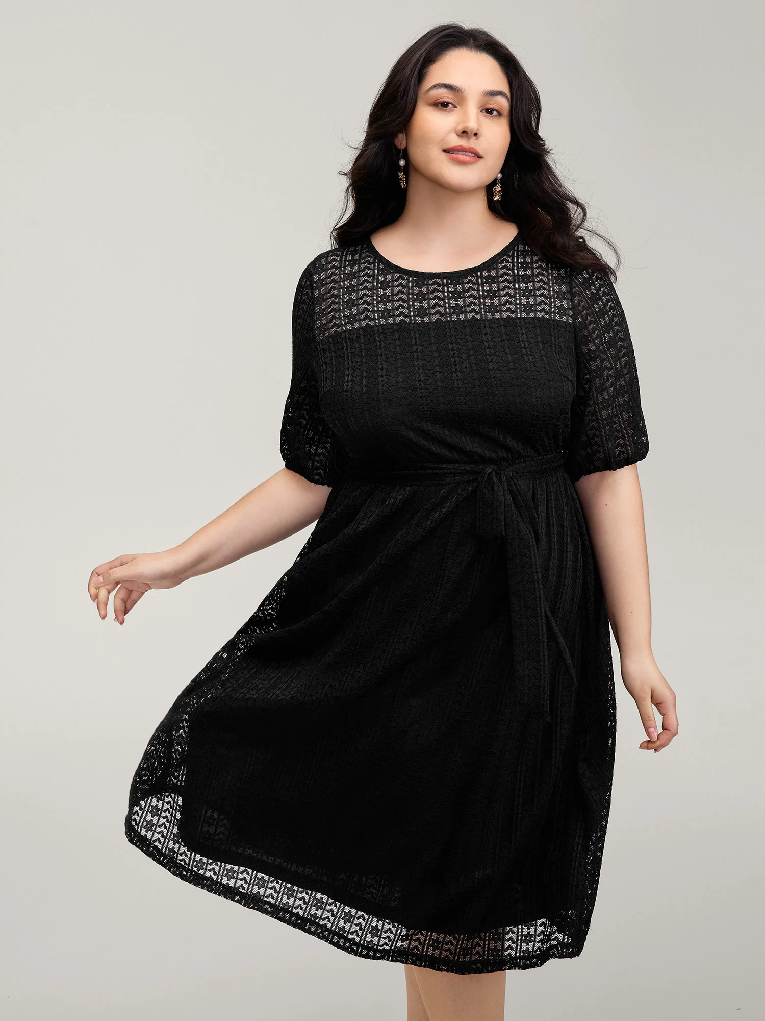 Lace Trim Sheer Stretchy Waist Midi Dress - Image 3