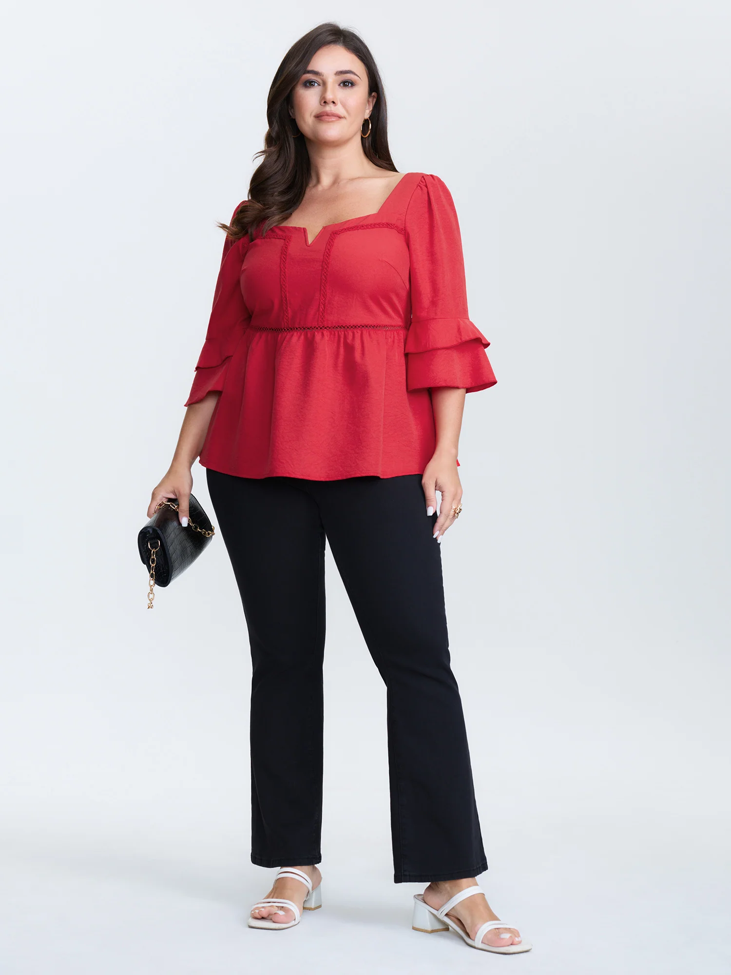Lace Trim Shirred Back Flared Blouse - Image 3