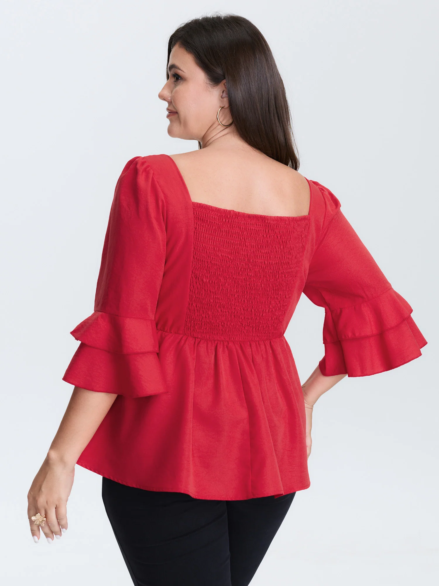 Lace Trim Shirred Back Flared Blouse - Image 4