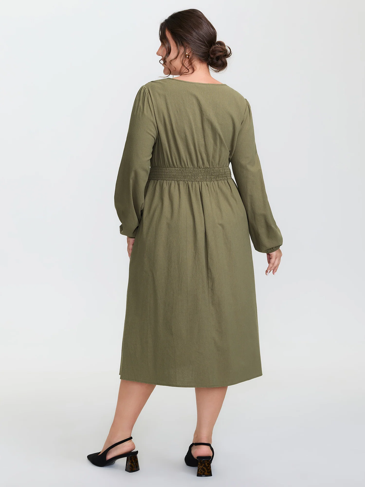 Lace Trim Shirred Back Pockets Midi Dress - Image 4
