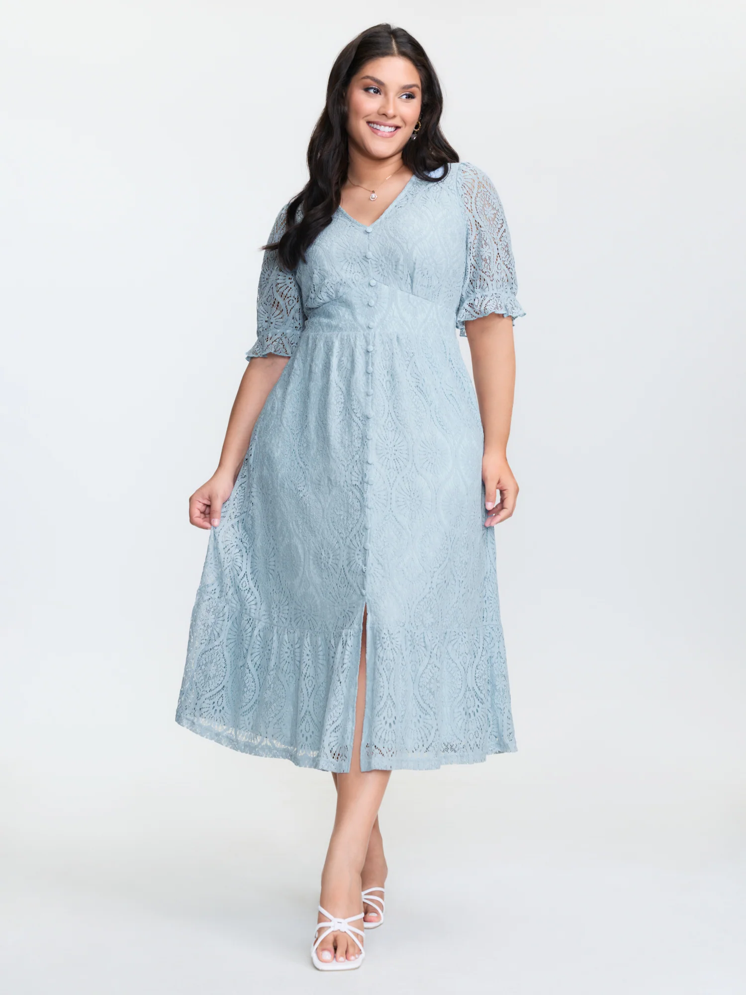 Lace Trim Shirred Button Detail Midi Dress - Image 3