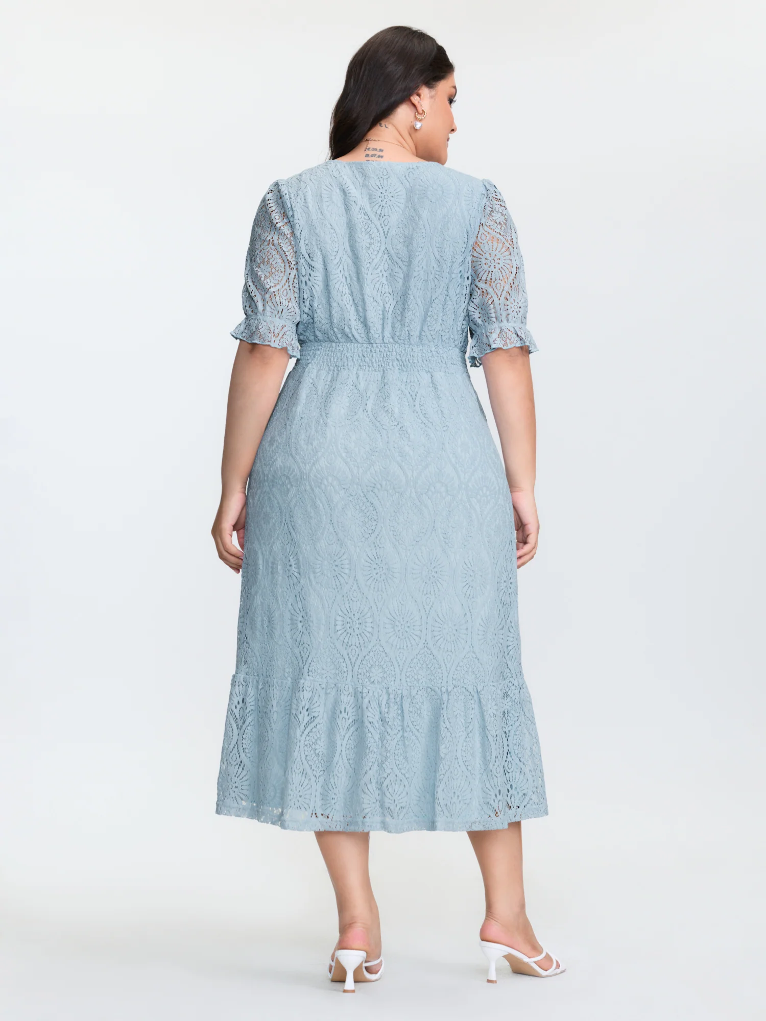 Lace Trim Shirred Button Detail Midi Dress - Image 4