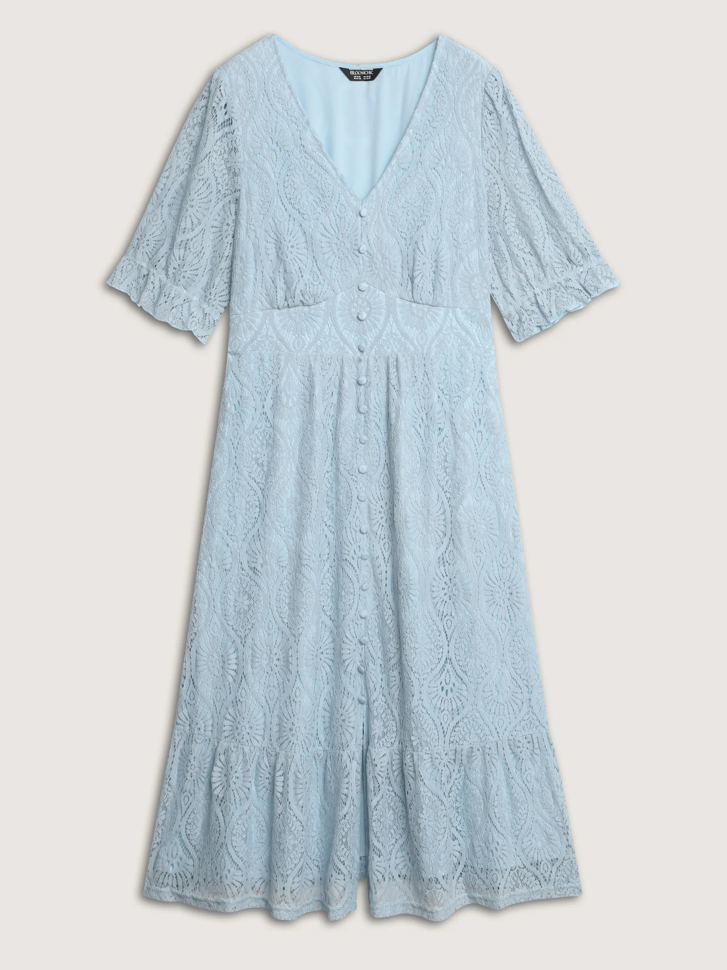 Lace Trim Shirred Button Detail Midi Dress - Image 7