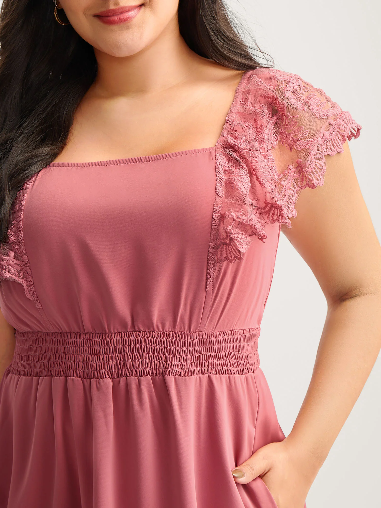 Lace Trim Shirred Waist Midi Dress - Image 2