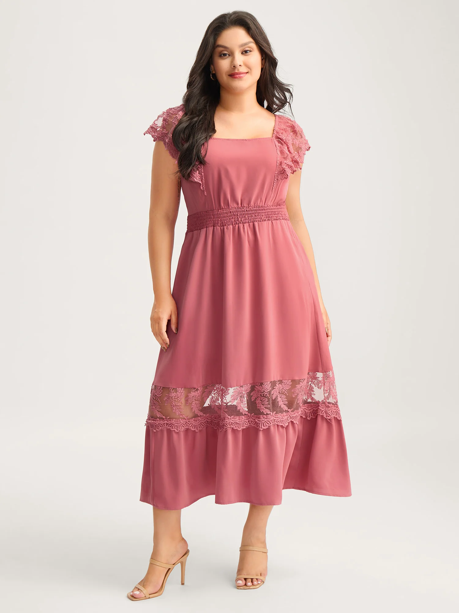 Lace Trim Shirred Waist Midi Dress - Image 3