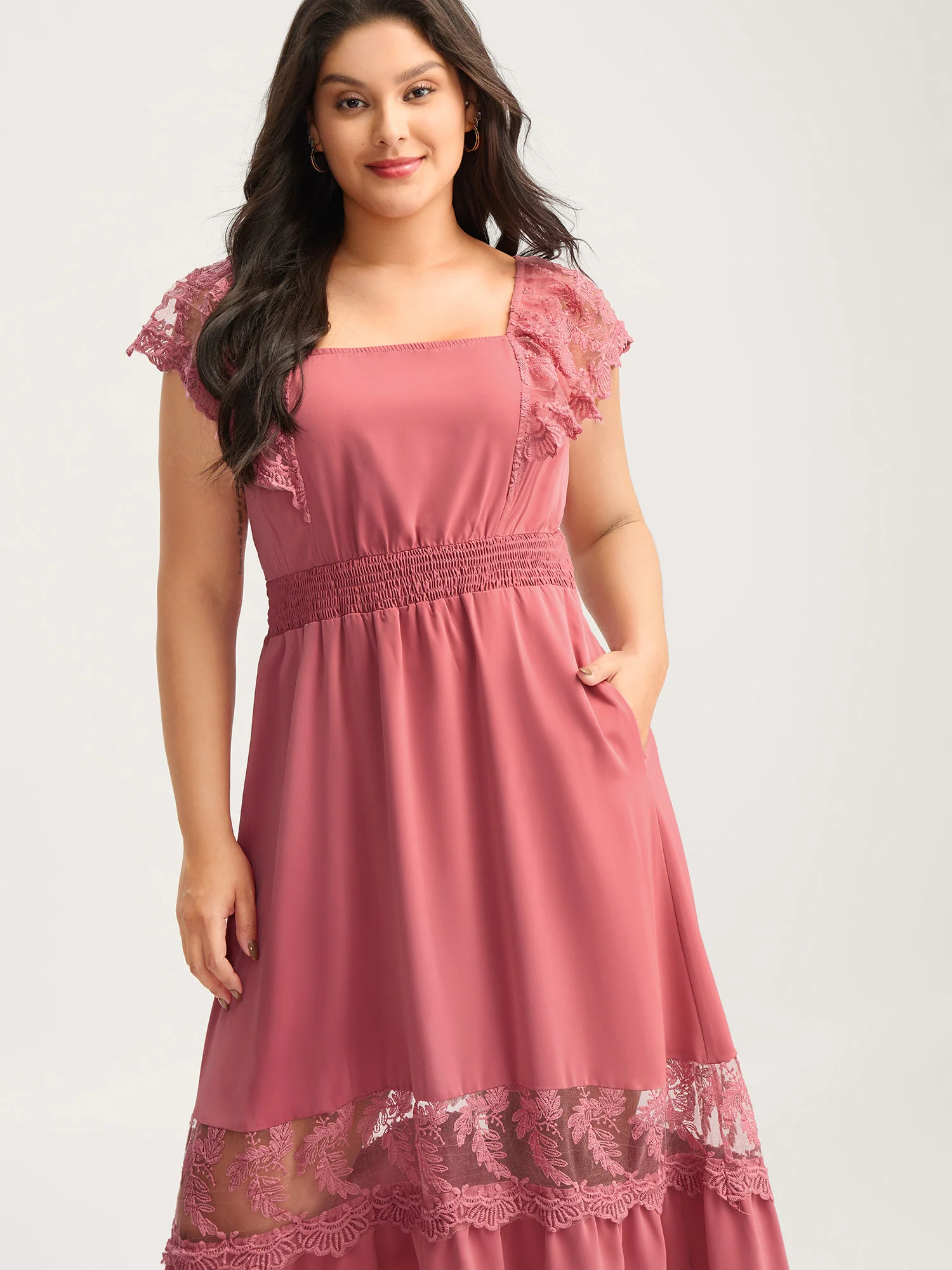 Lace Trim Shirred Waist Midi Dress - Image 4