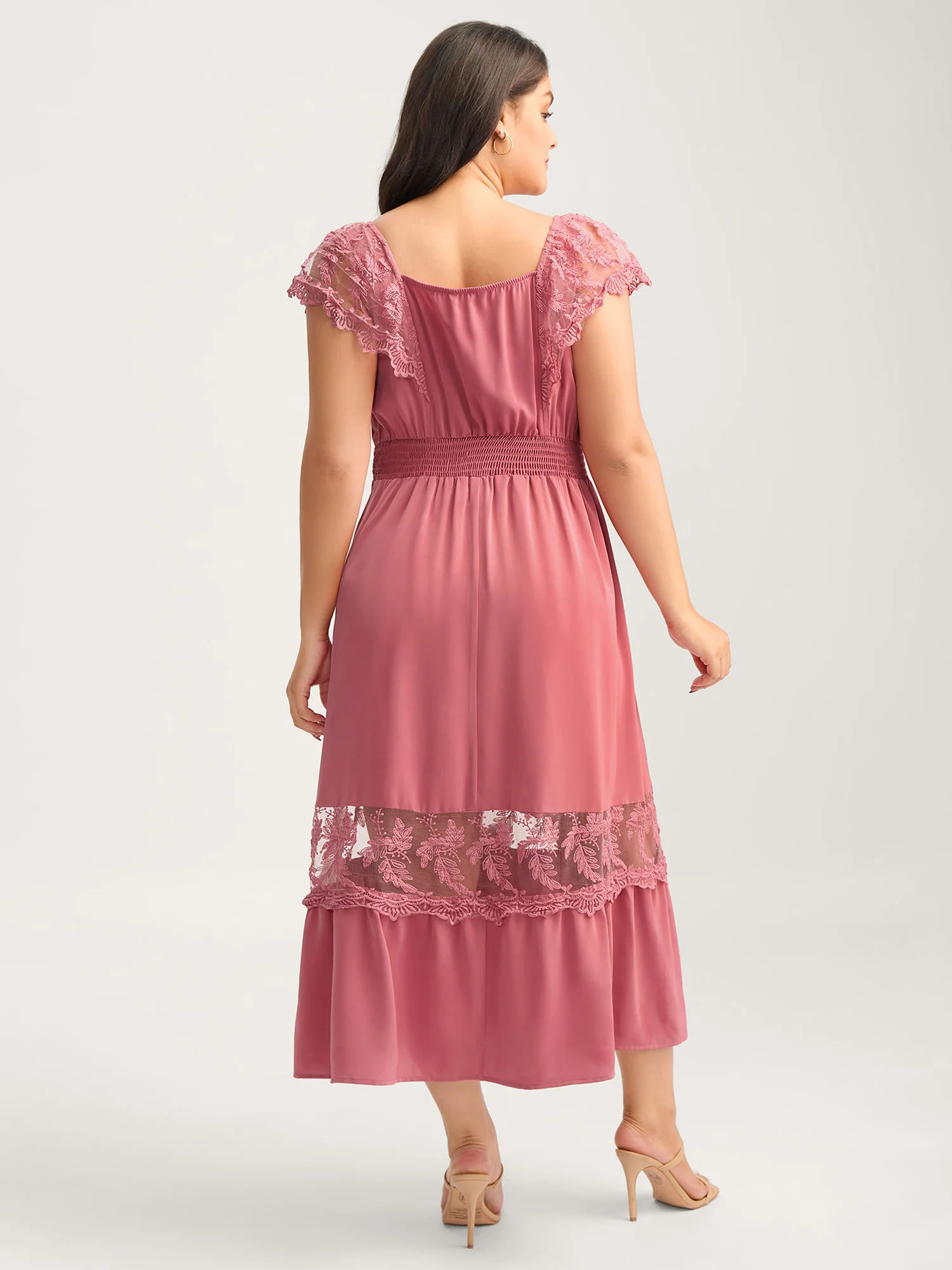 Lace Trim Shirred Waist Midi Dress - Image 5