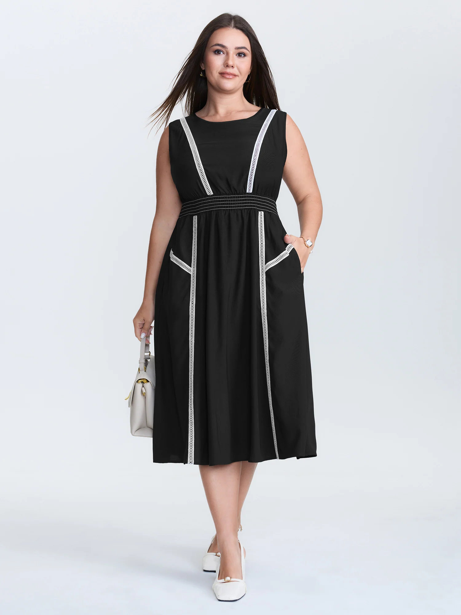 Lace Trim Shirred Waist Round Neck Midi Dress - Image 3