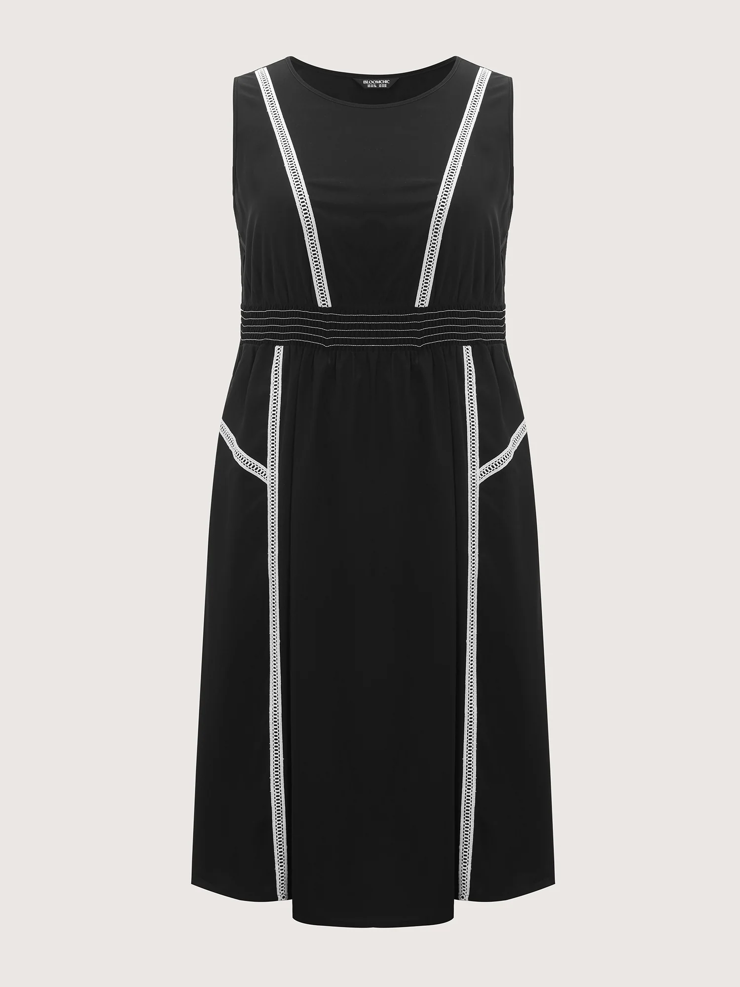 Lace Trim Shirred Waist Round Neck Midi Dress - Image 5