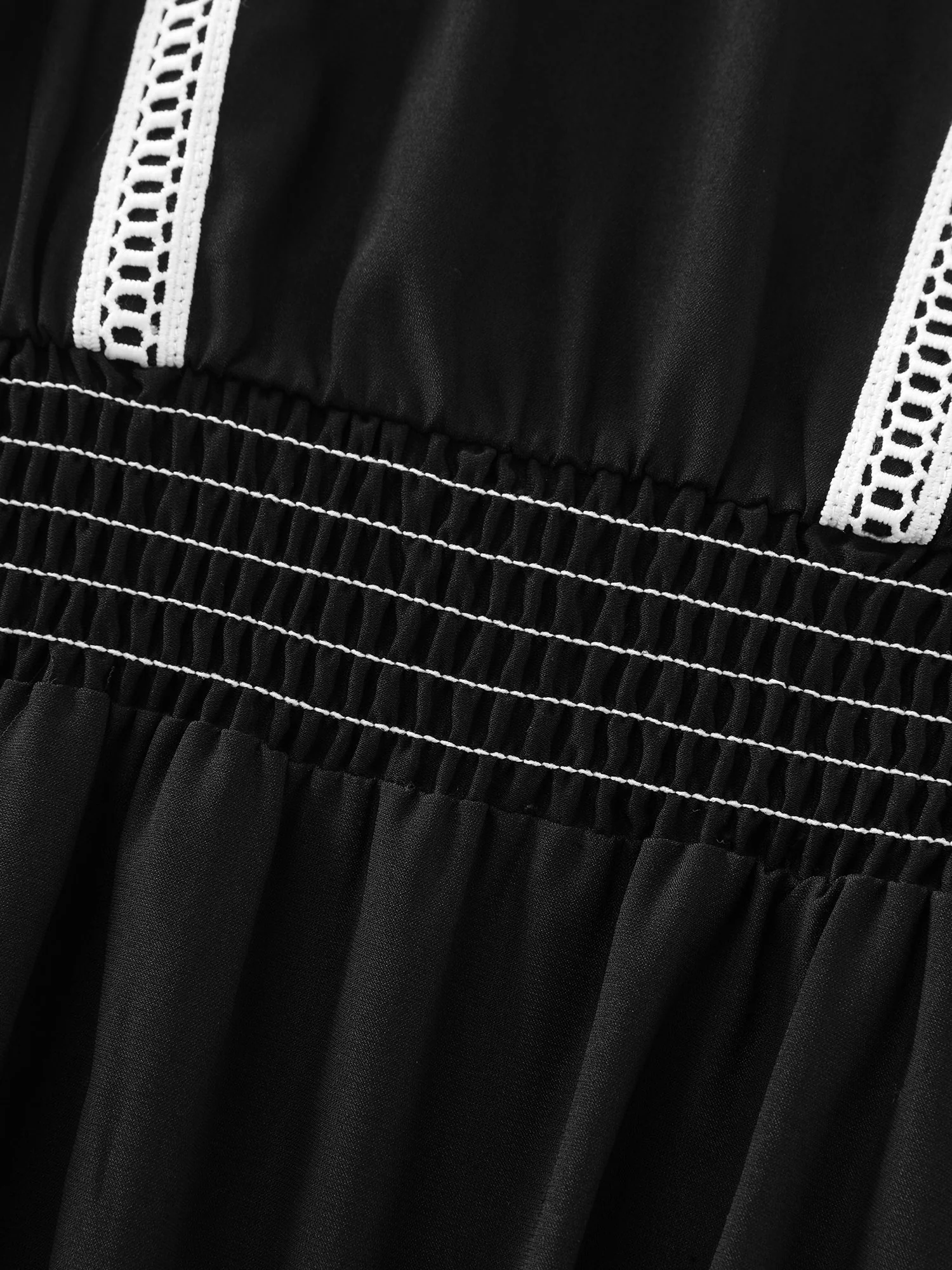 Lace Trim Shirred Waist Round Neck Midi Dress - Image 6