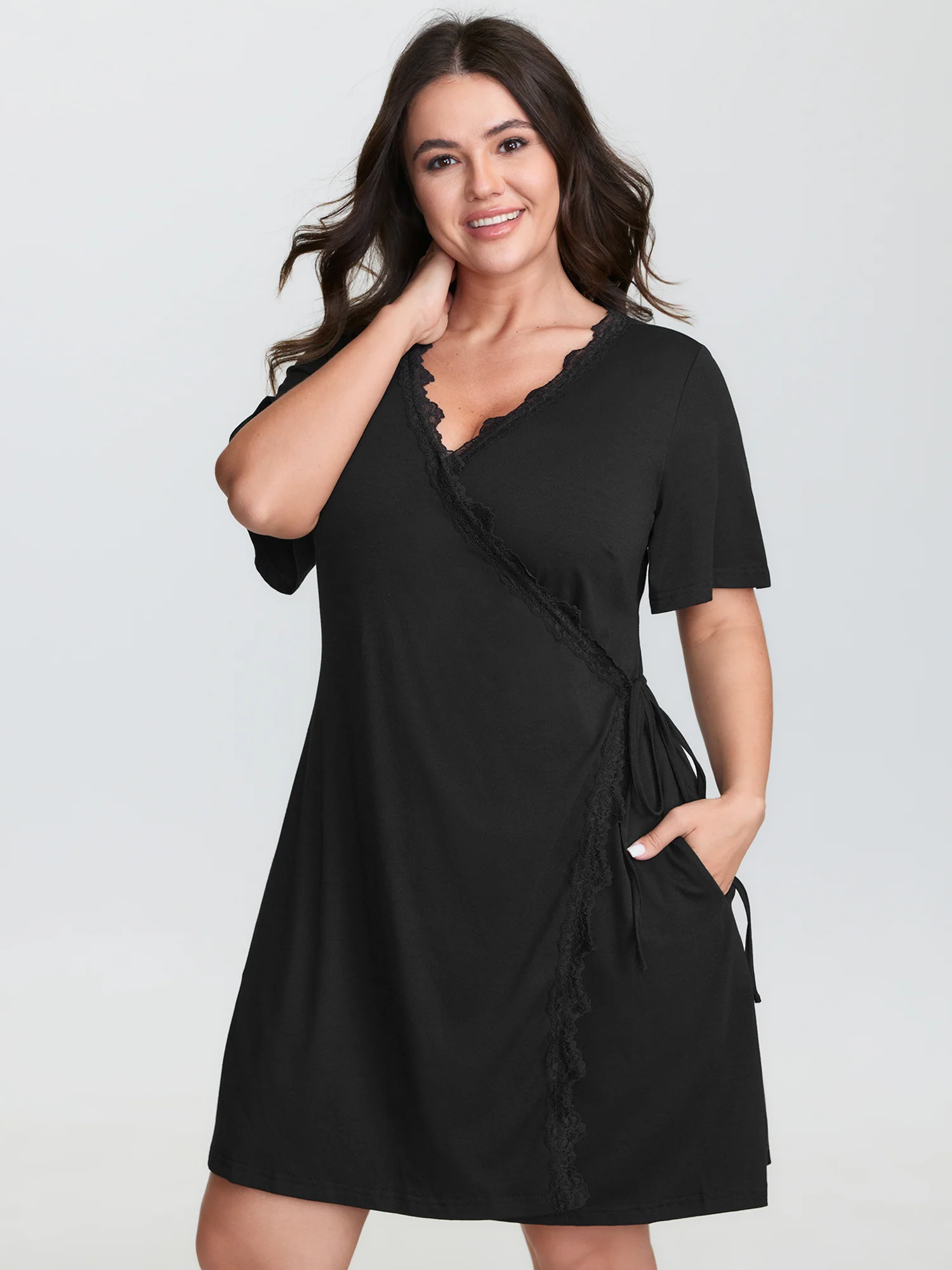 Lace Trim Side-Tie Pockets Sleep Dress