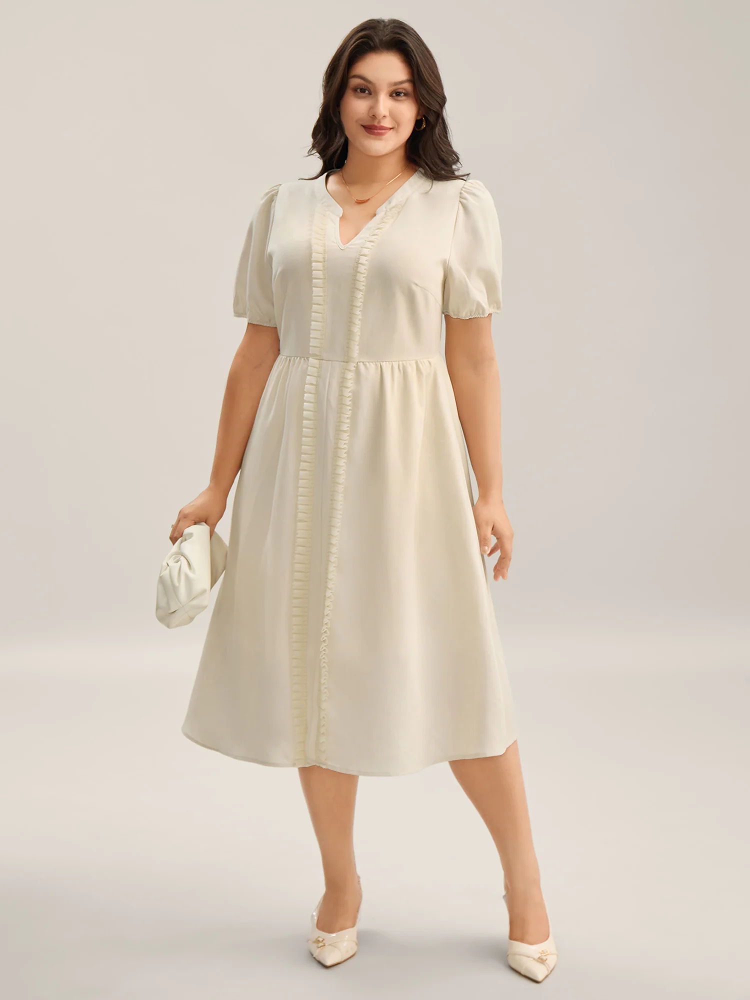 Lace Trim Solid Pockets Midi Dress - Image 2