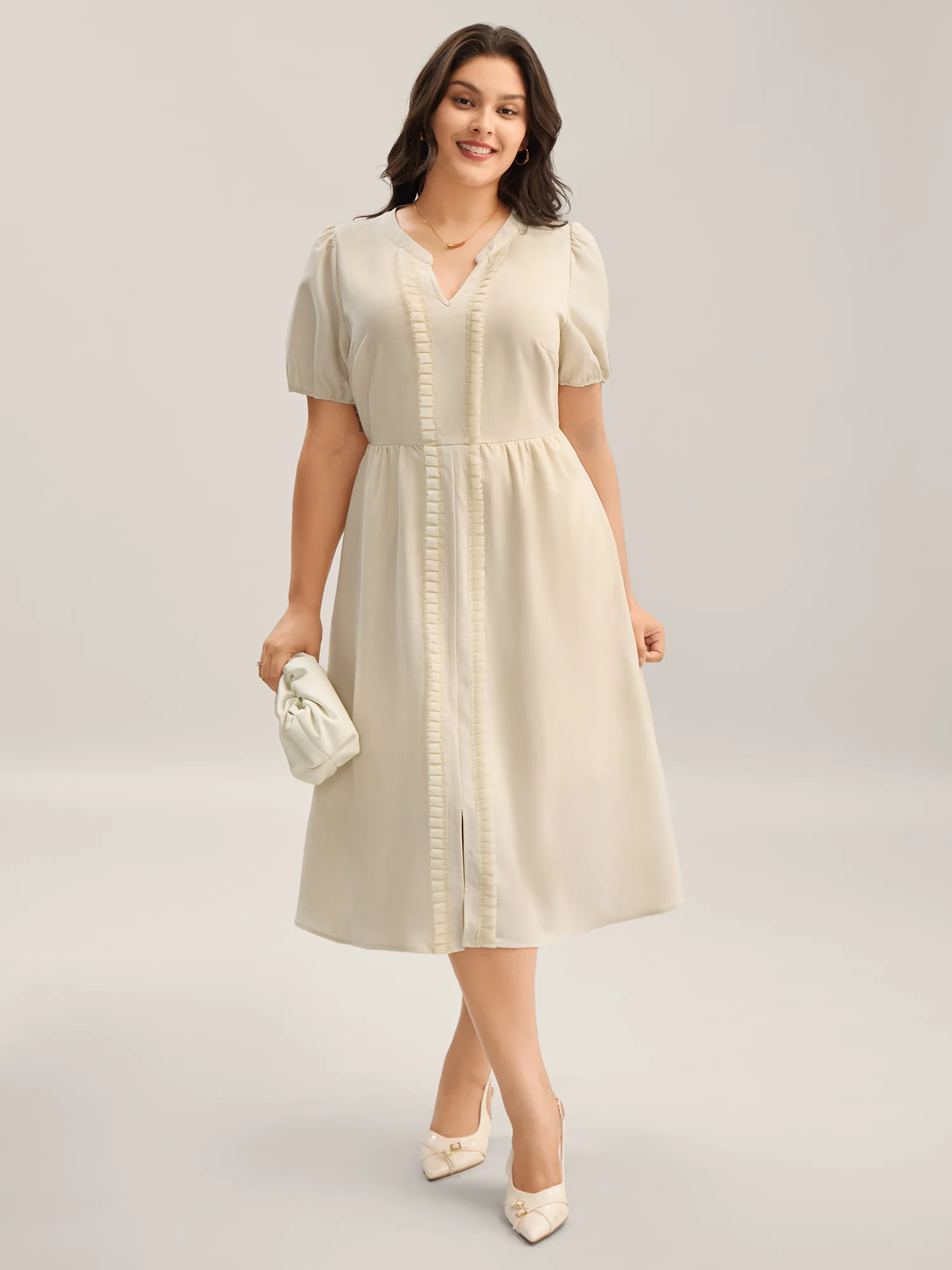Lace Trim Solid Pockets Midi Dress - Image 3