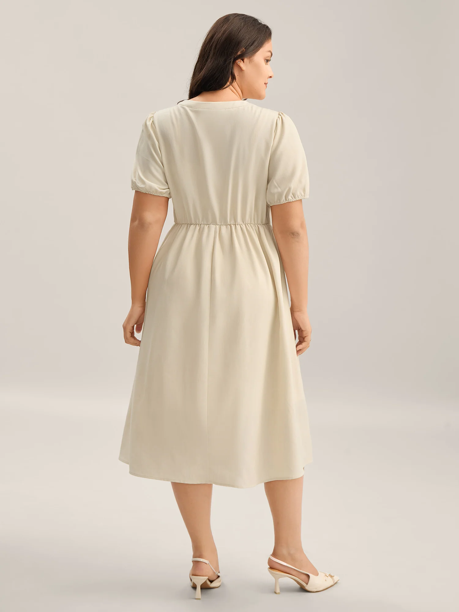 Lace Trim Solid Pockets Midi Dress - Image 4