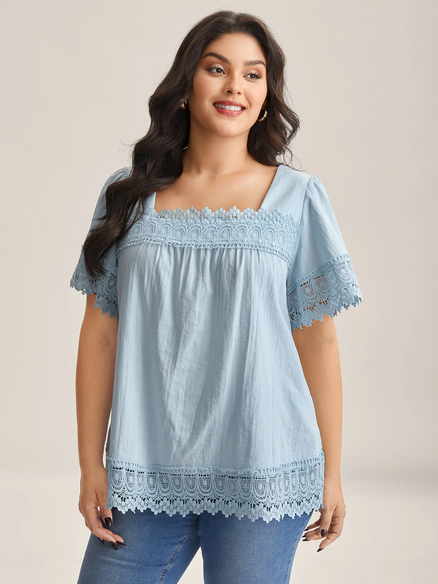 Lace Trim Spliced Solid Blouse - Image 2