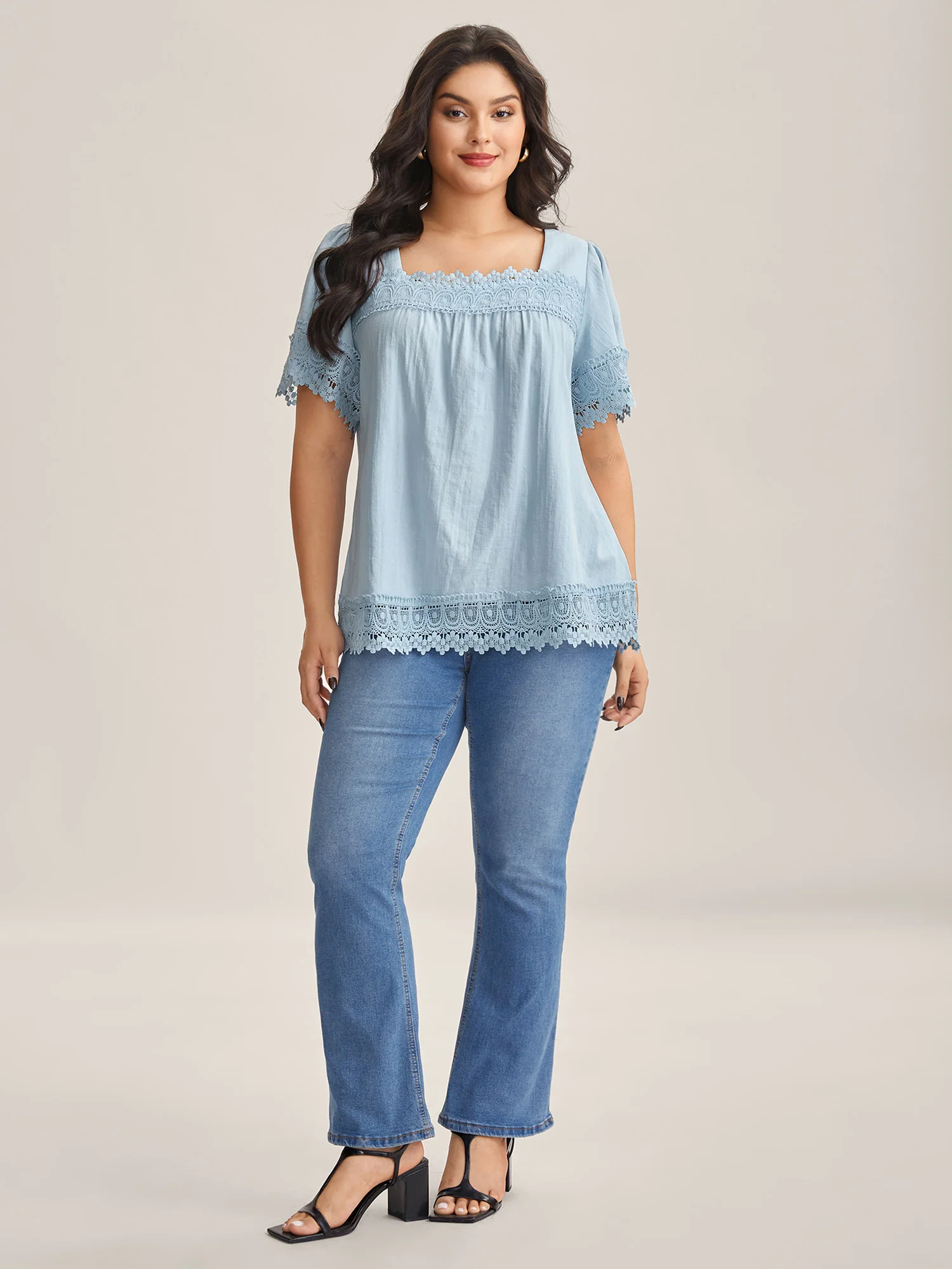 Lace Trim Spliced Solid Blouse - Image 3
