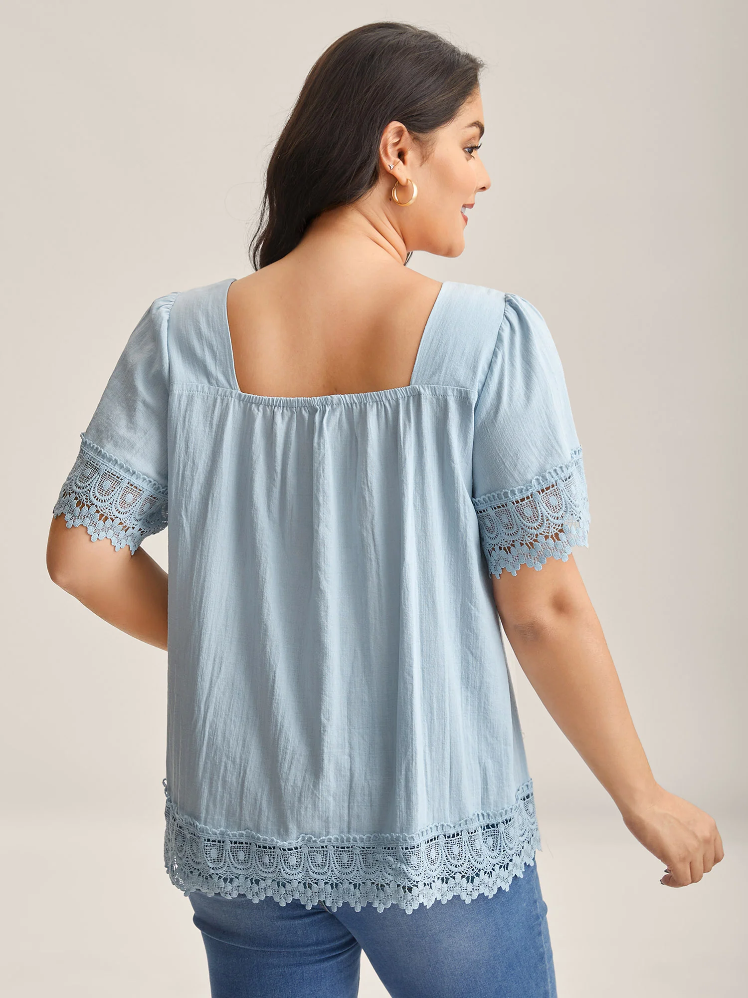 Lace Trim Spliced Solid Blouse - Image 4