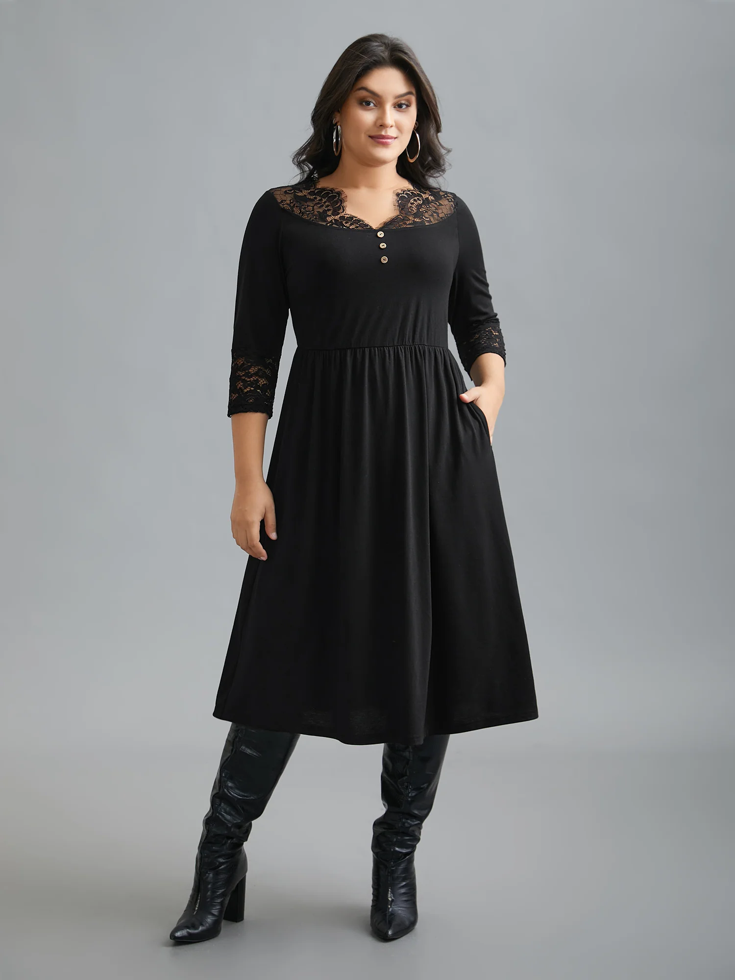 Lace Trim Stitch Button Detail Dress - Image 2