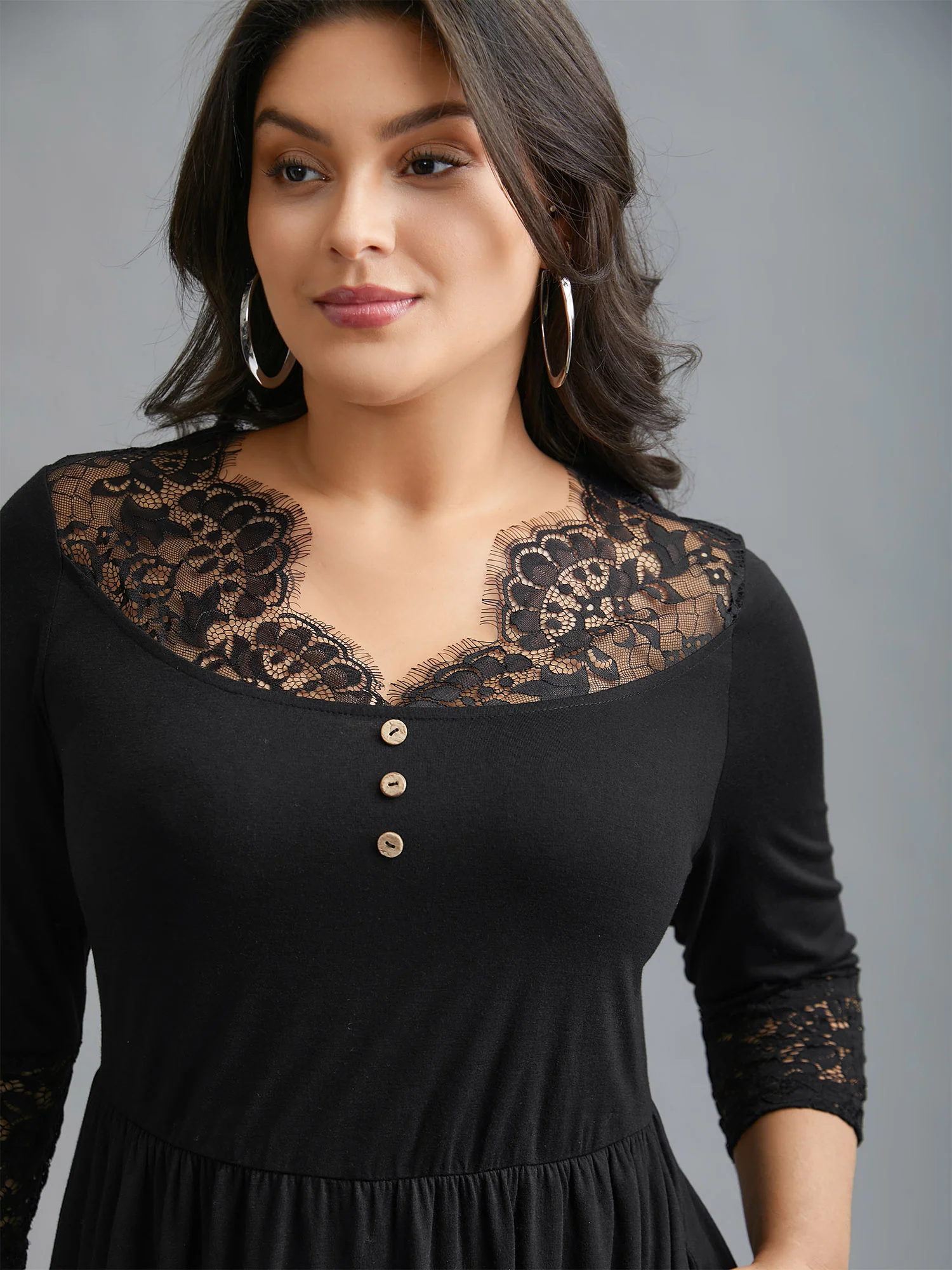 Lace Trim Stitch Button Detail Dress - Image 3