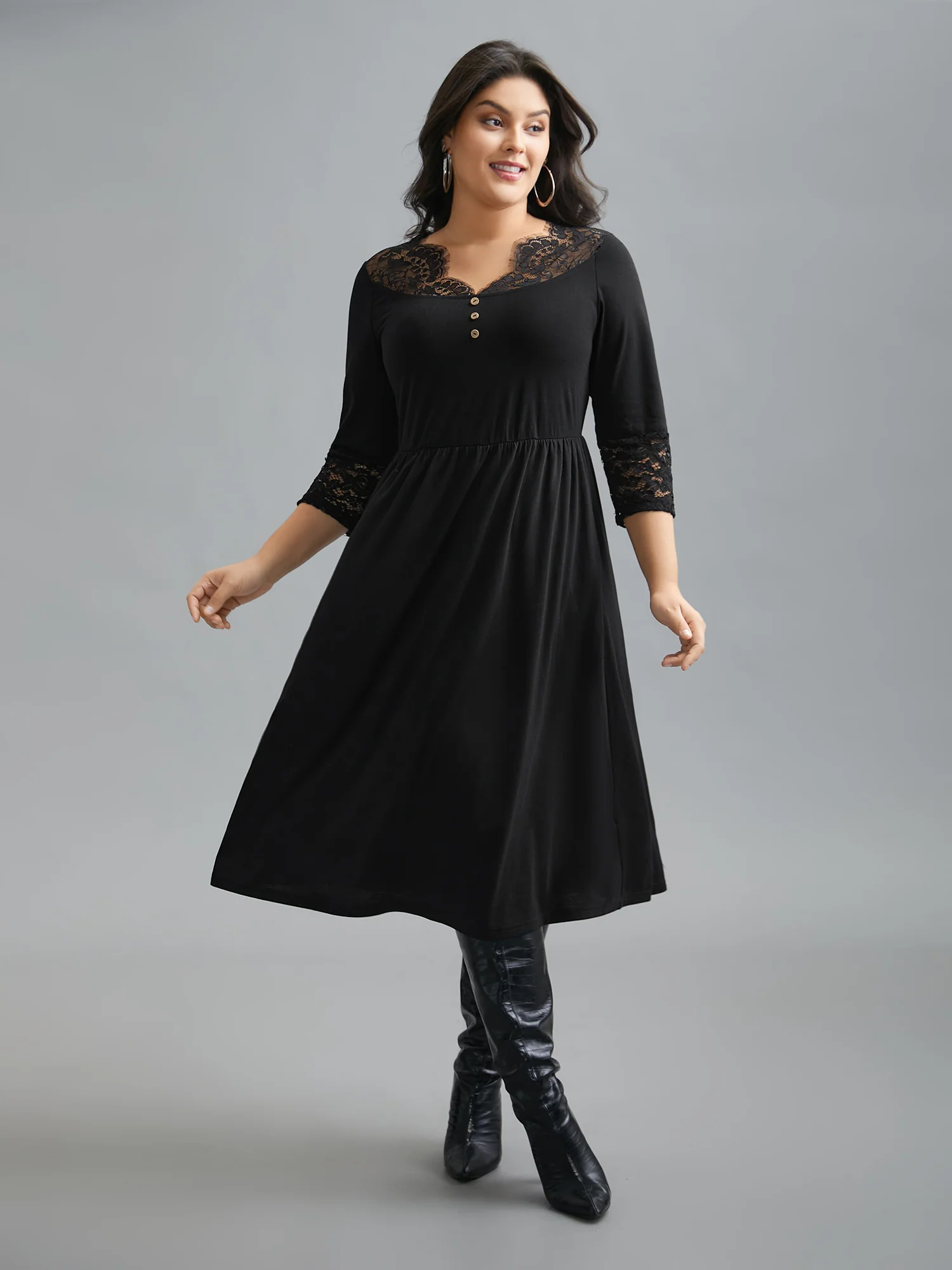 Lace Trim Stitch Button Detail Dress - Image 4