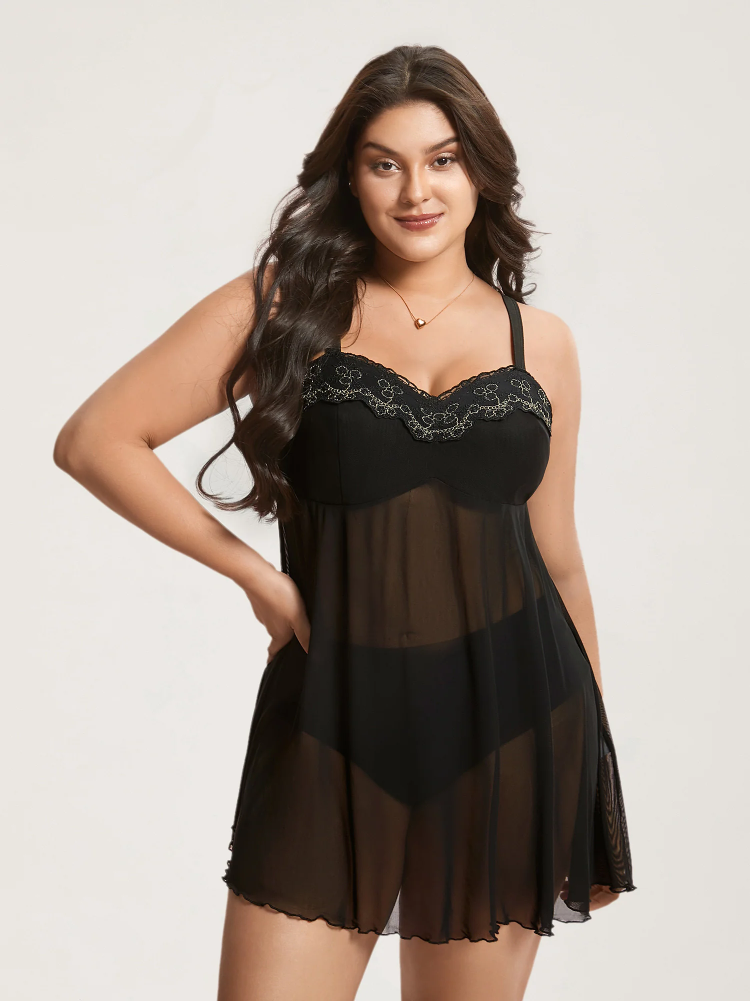 Romantic Lace Trim Stitch Mesh Nightgown - Image 4