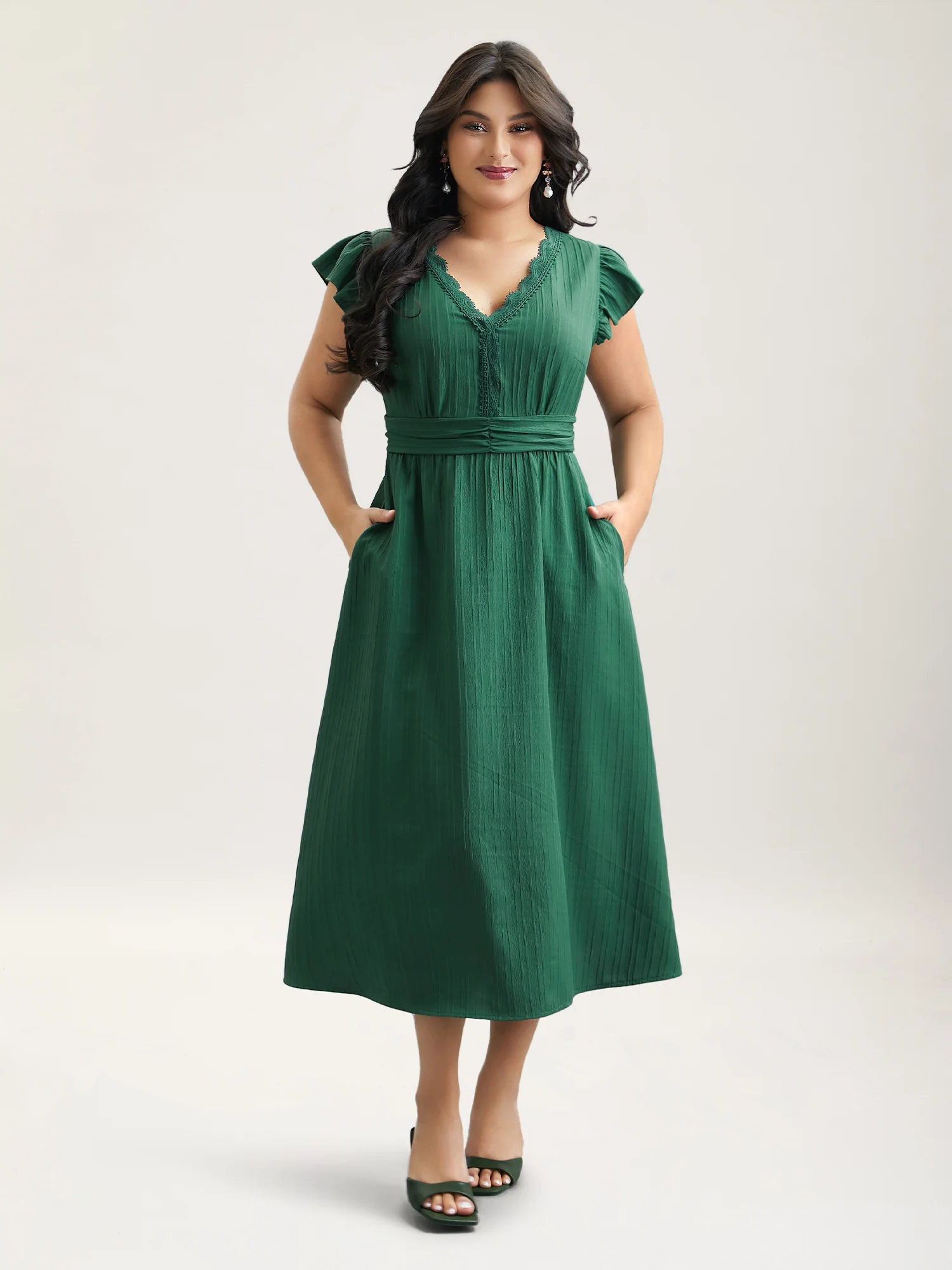 Lace Trim Stitch Textured Waist-Defined Midi Dress - Image 2