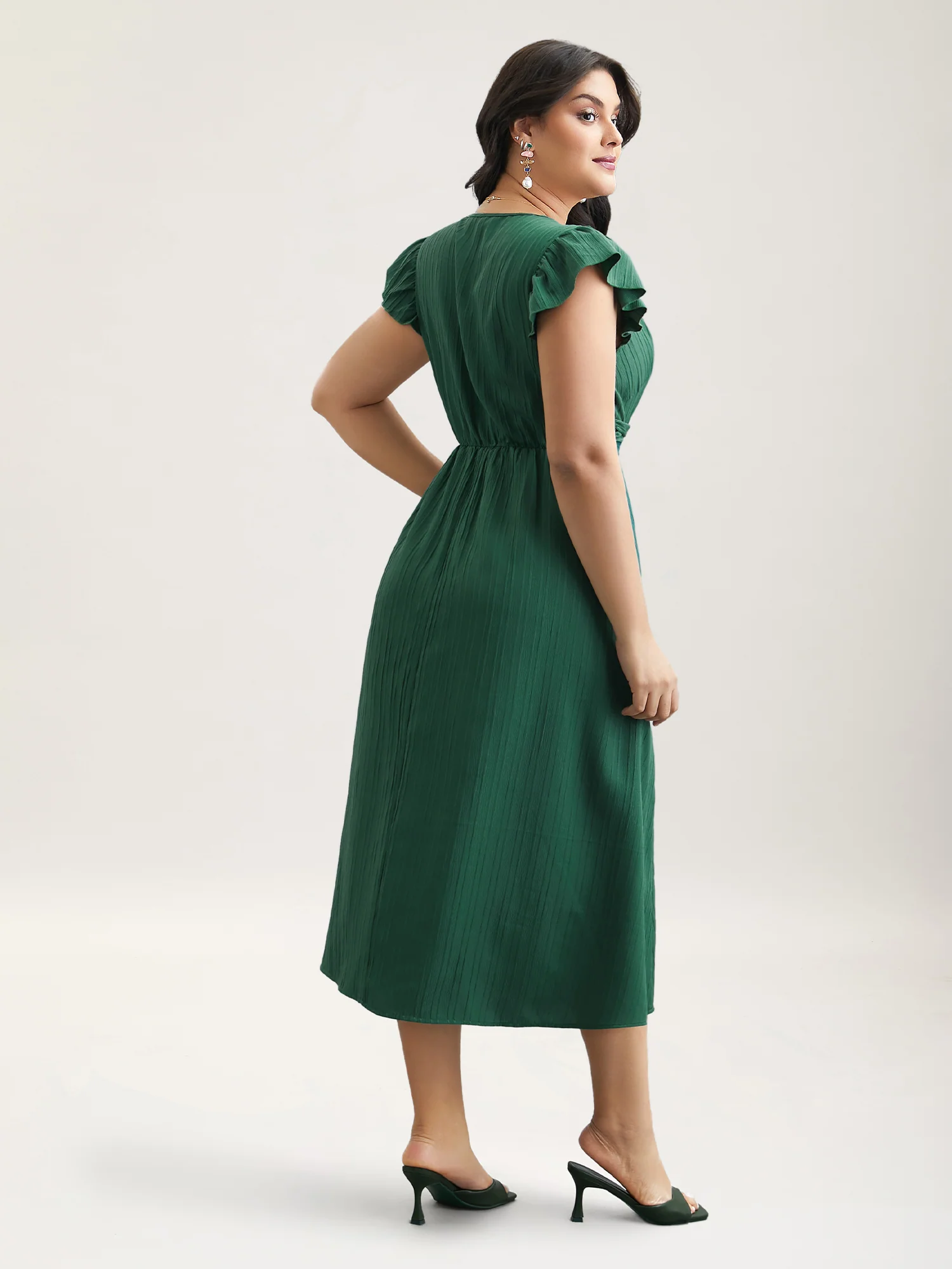 Lace Trim Stitch Textured Waist-Defined Midi Dress - Image 4