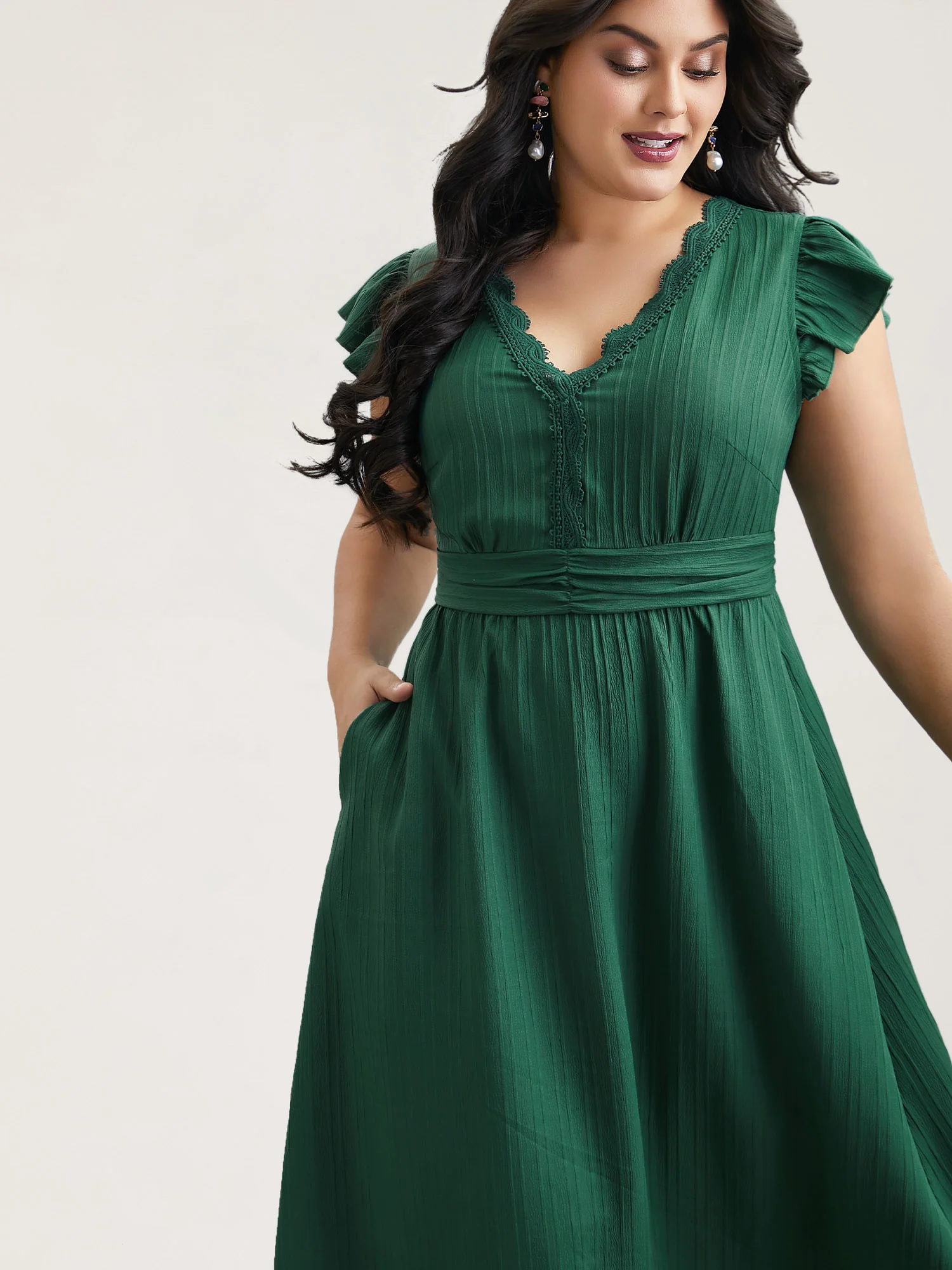 Lace Trim Stitch Textured Waist-Defined Midi Dress - Image 5
