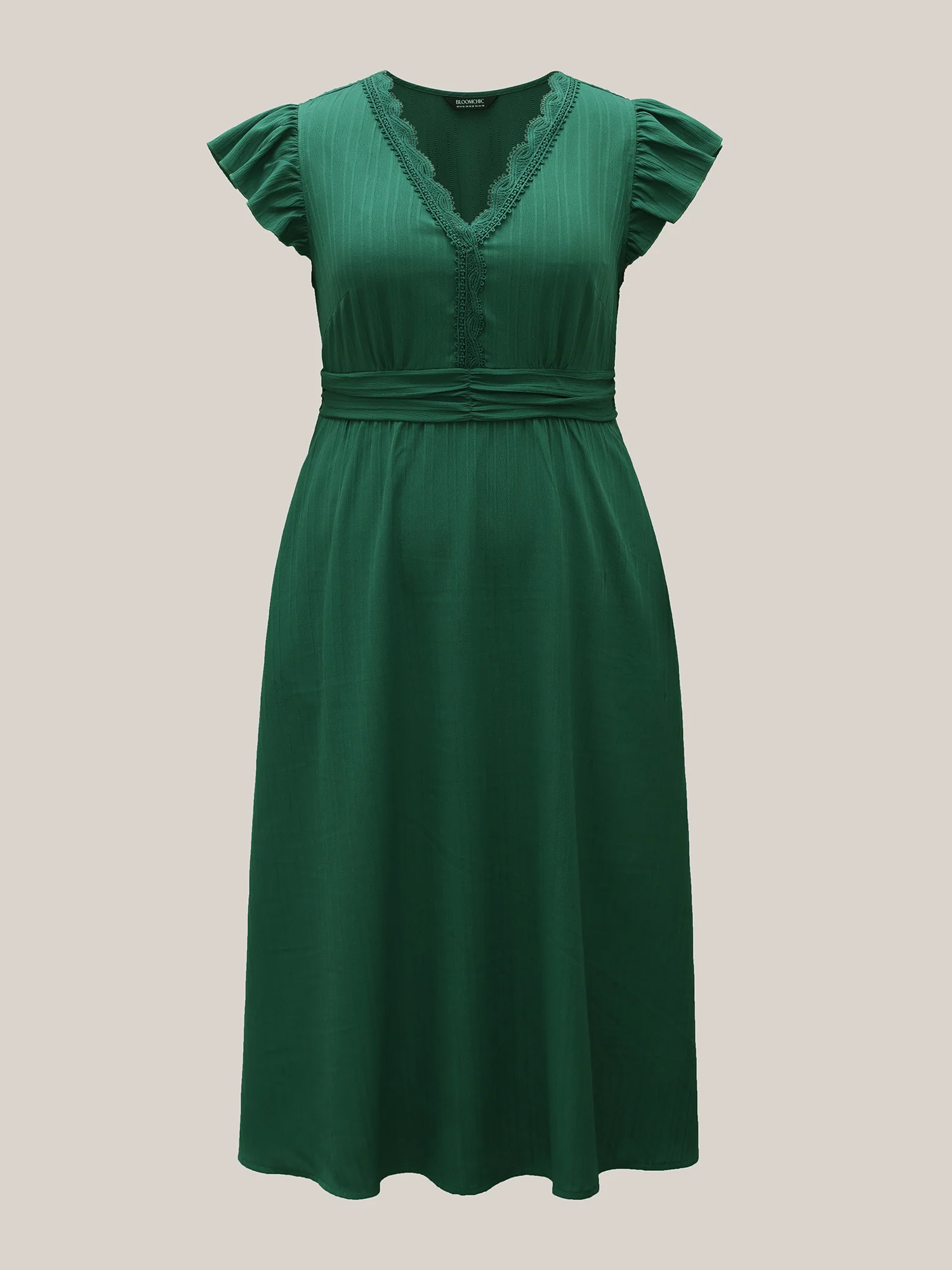 Lace Trim Stitch Textured Waist-Defined Midi Dress - Image 8