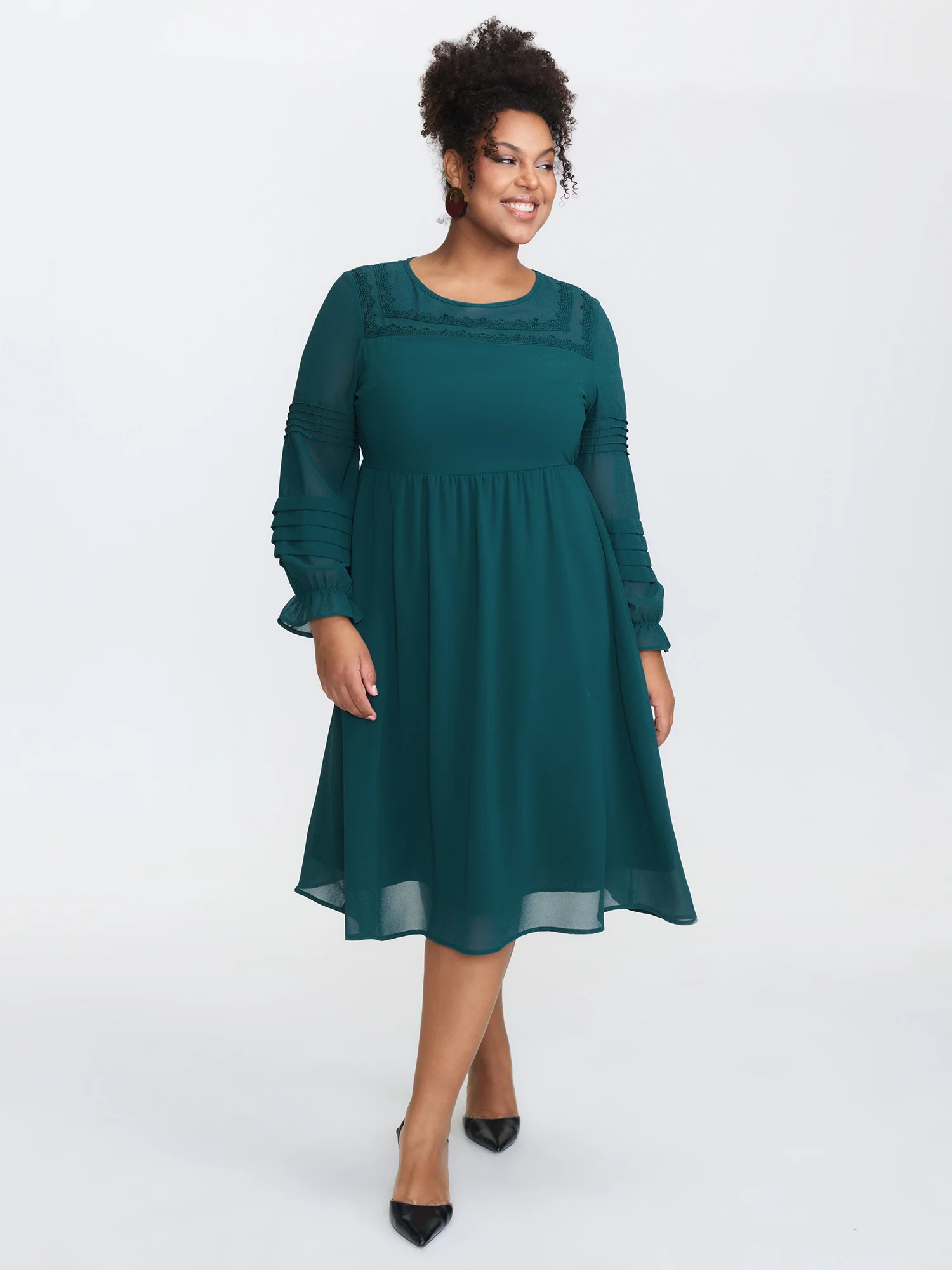 Lace Trim Stretchy Waist Pleated Midi Dress - Image 2