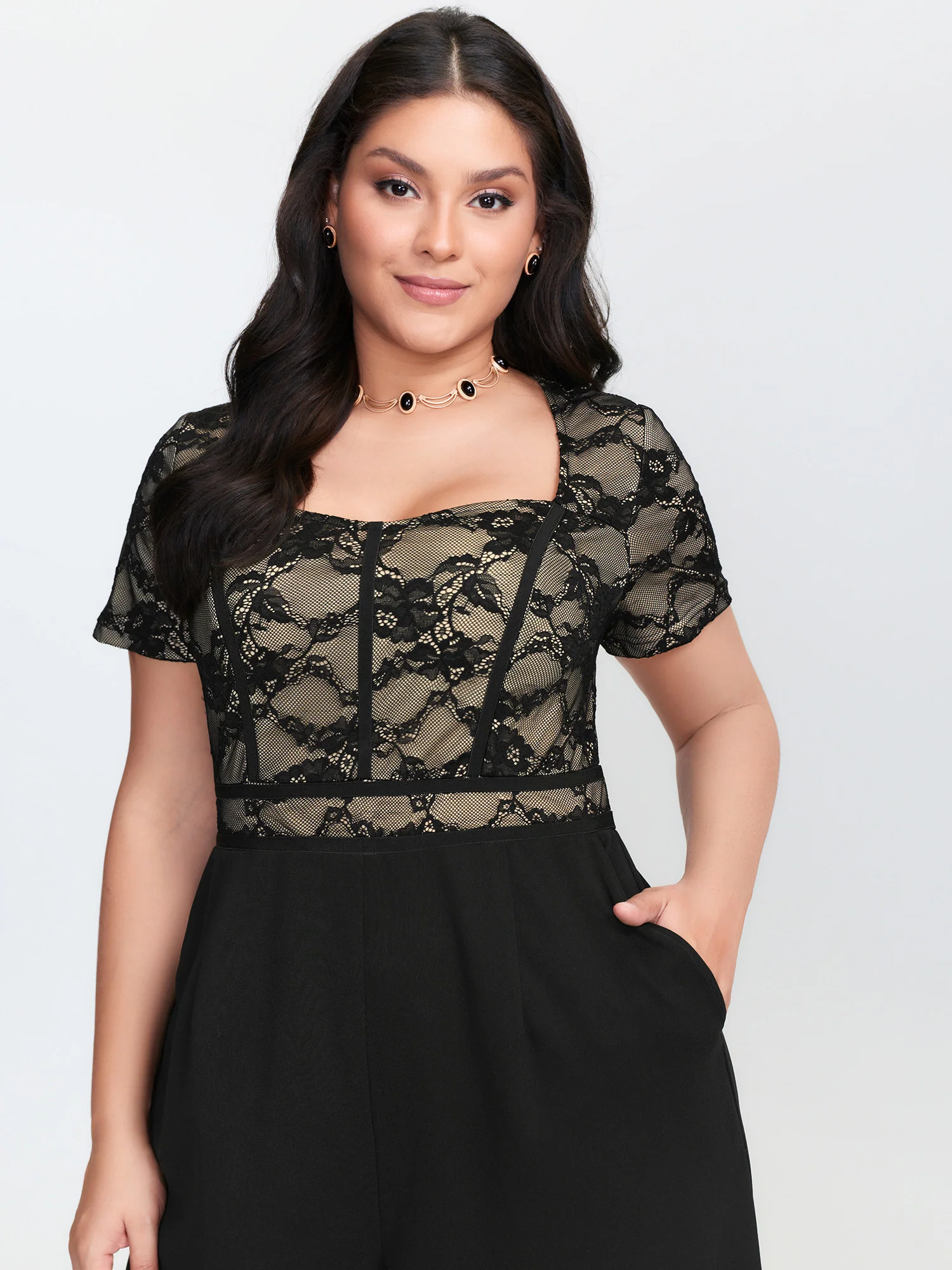 Lace Trim Stretchy Waist Pockets Jumpsuit - Image 2