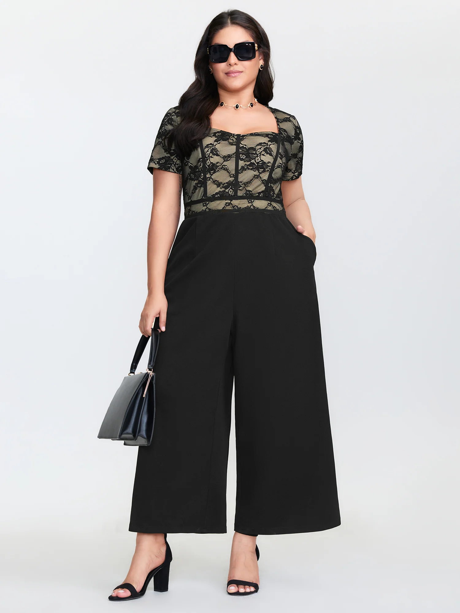 Lace Trim Stretchy Waist Pockets Jumpsuit - Image 3