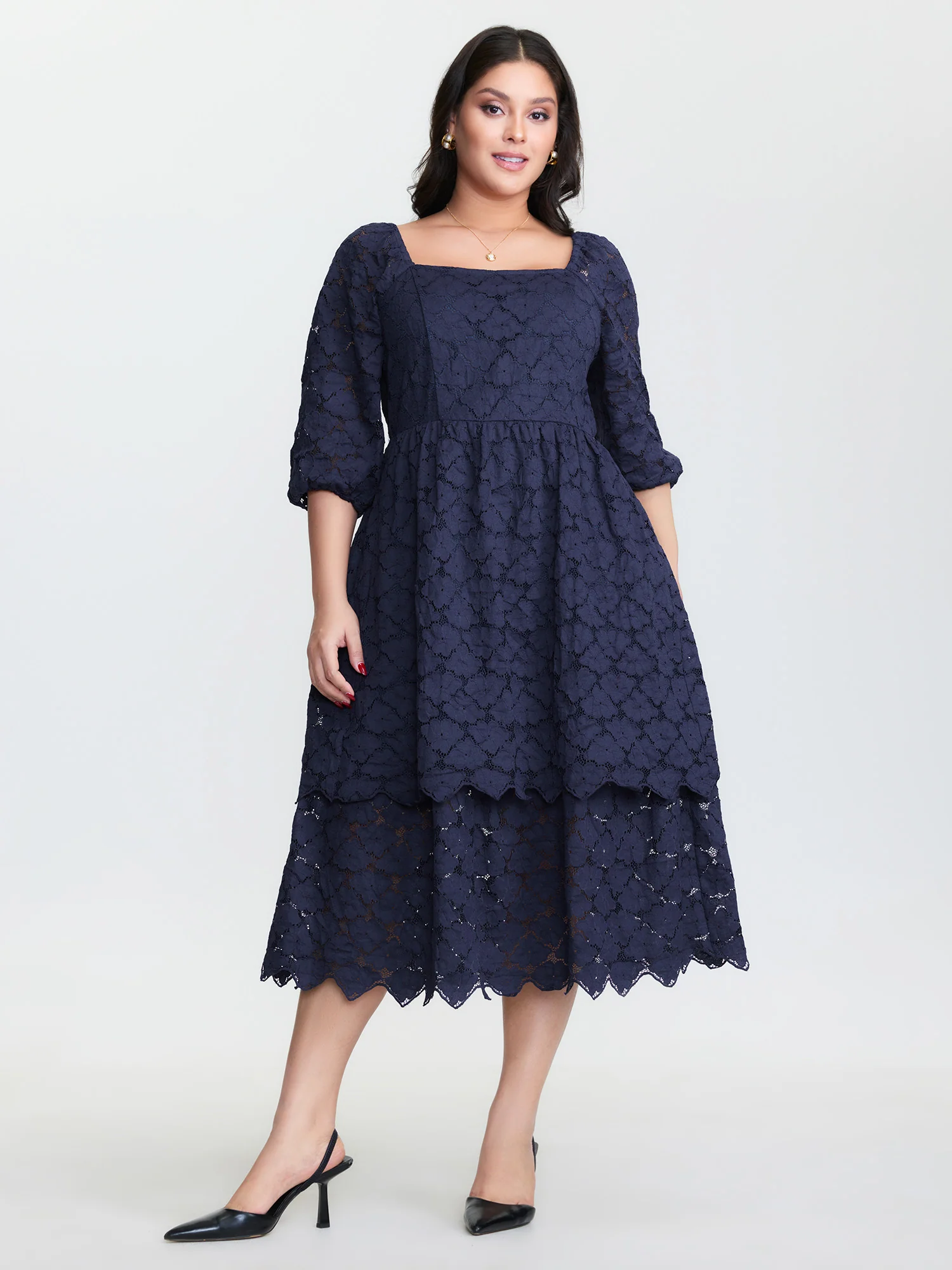 Lace Trim Stretchy Waist Tiered Midi Dress - Image 2