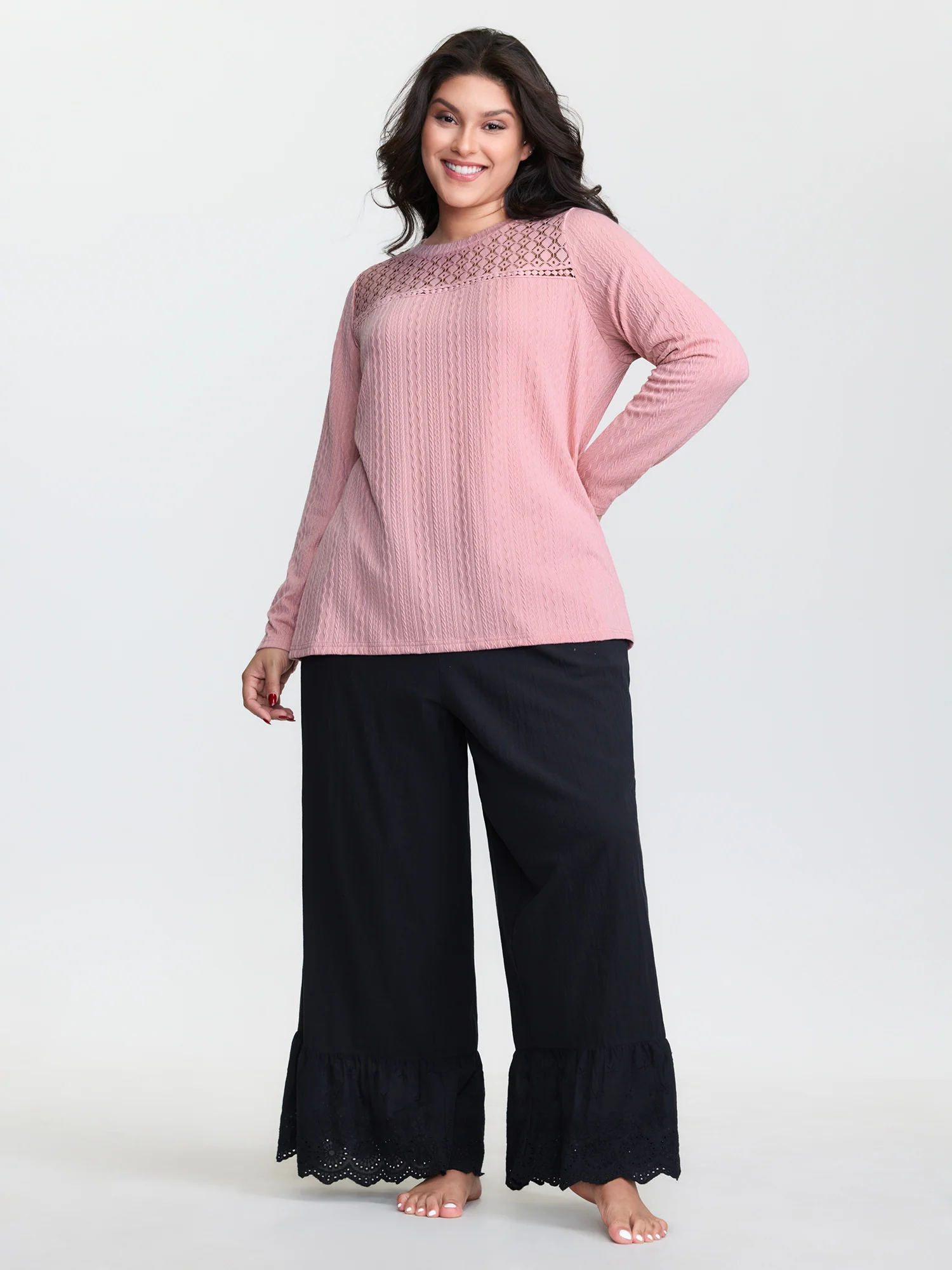 Lace Trim Textured Cut-Out T-Shirt - Image 2