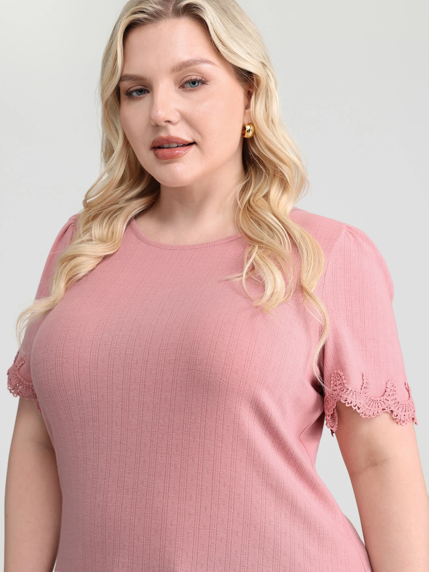 Lace Trim Textured Knit Plain Top - Image 2