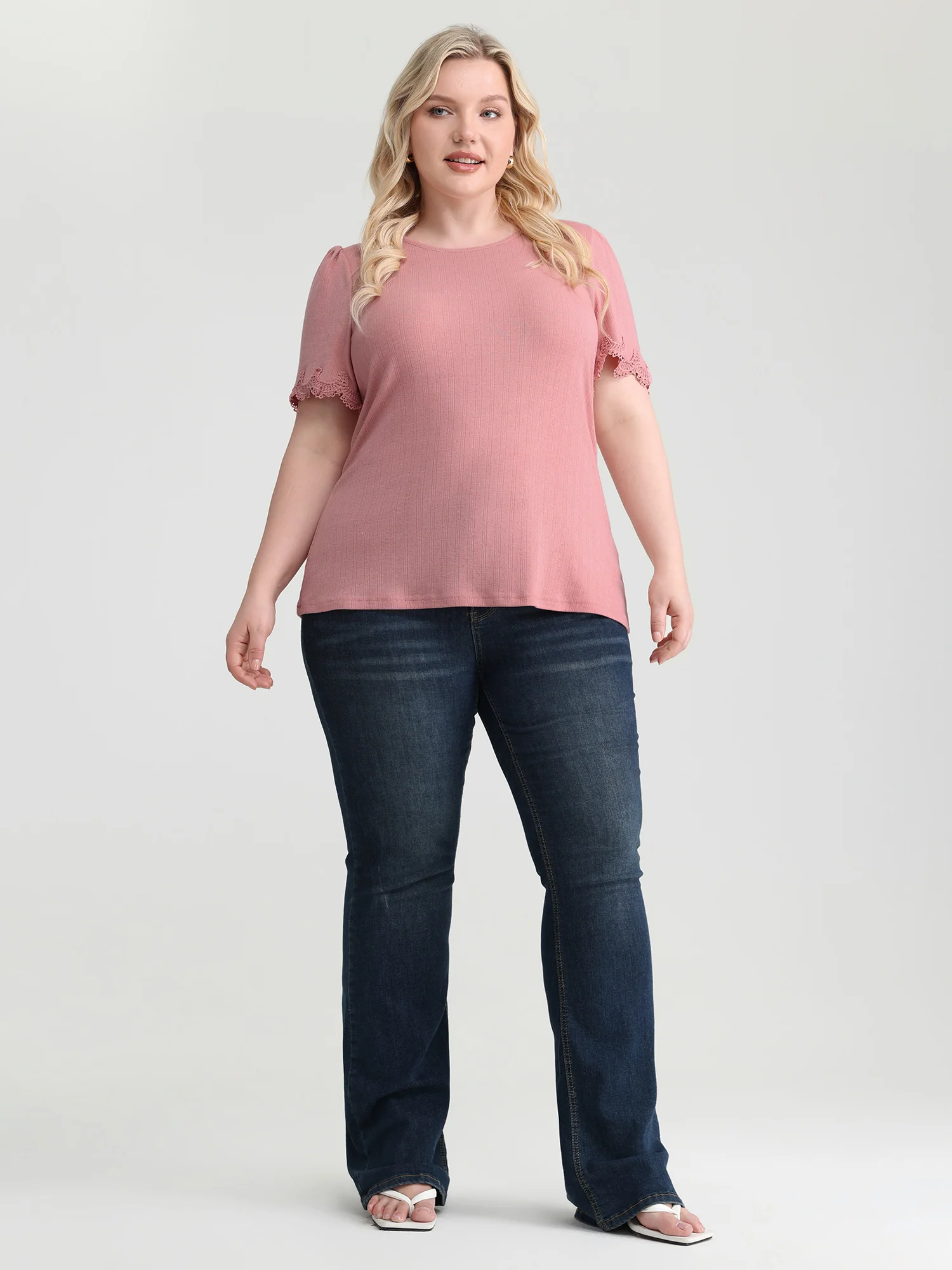 Lace Trim Textured Knit Plain Top - Image 3